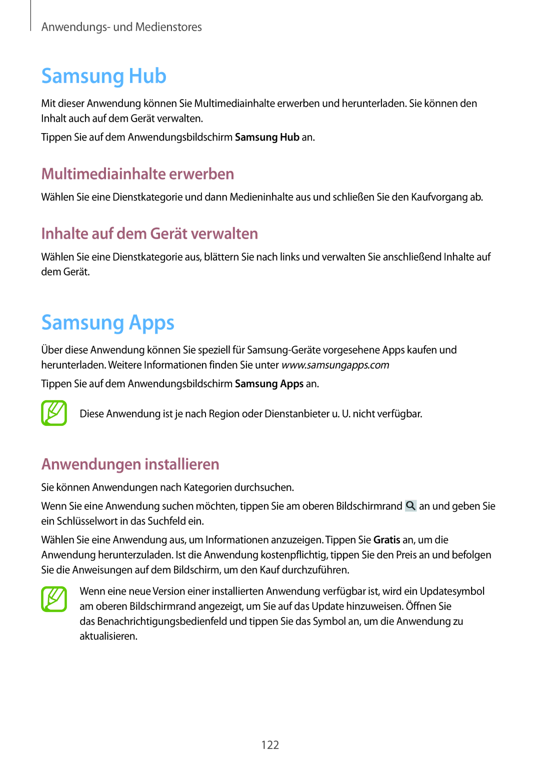 Samsung SM-C1010ZKATUR manual Samsung Hub, Samsung Apps, Multimediainhalte erwerben, Inhalte auf dem Gerät verwalten 