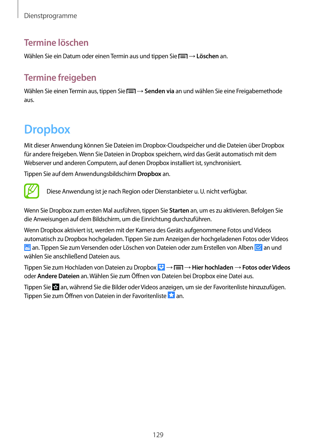 Samsung SM-C1010ZWADBT, SM-C1010ZWAEUR, SM-C1010ZWAXEO, SM-C1010ZKADBT manual Dropbox, Termine löschen, Termine freigeben 