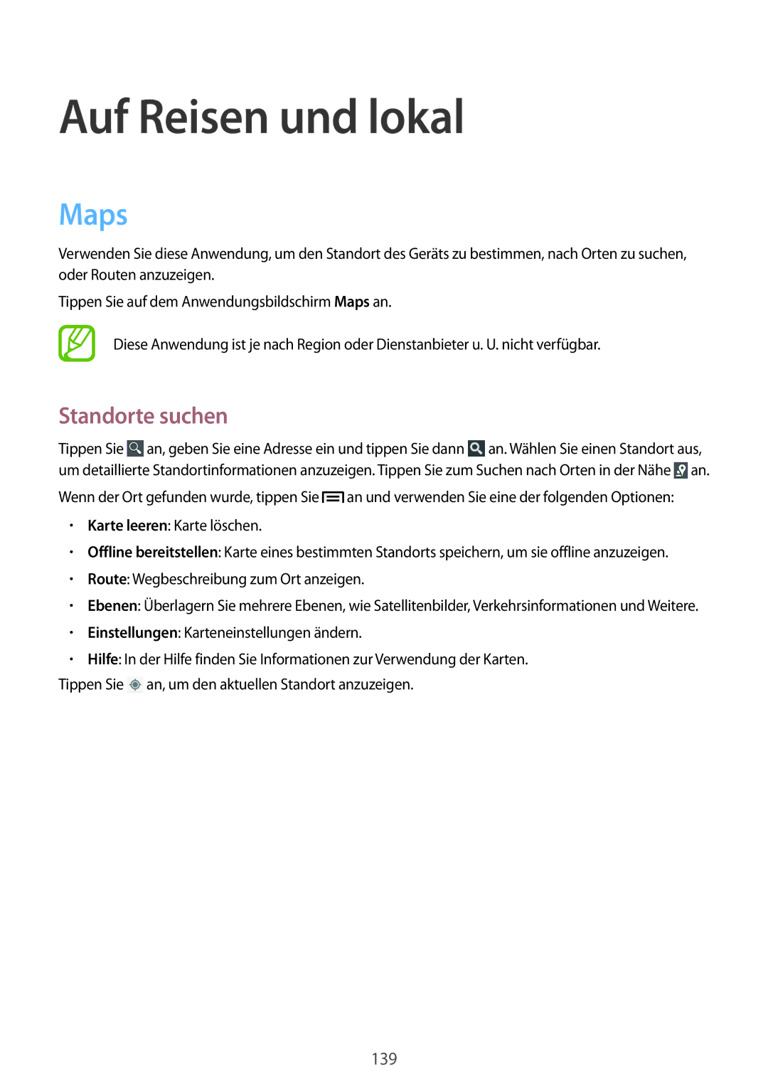 Samsung SM-C1010ZKAEUR, SM-C1010ZWAEUR, SM-C1010ZWAXEO, SM-C1010ZKADBT manual Auf Reisen und lokal, Maps, Standorte suchen 