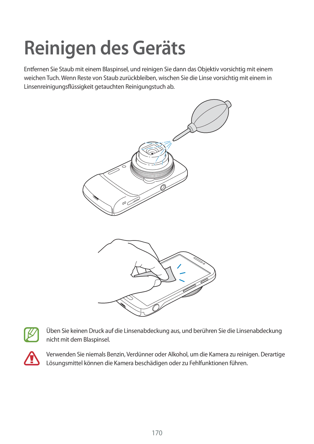 Samsung SM-C1010ZWAXEF, SM-C1010ZWAEUR, SM-C1010ZWAXEO, SM-C1010ZKADBT, SM-C1010ZWADBT manual Reinigen des Geräts, 170 