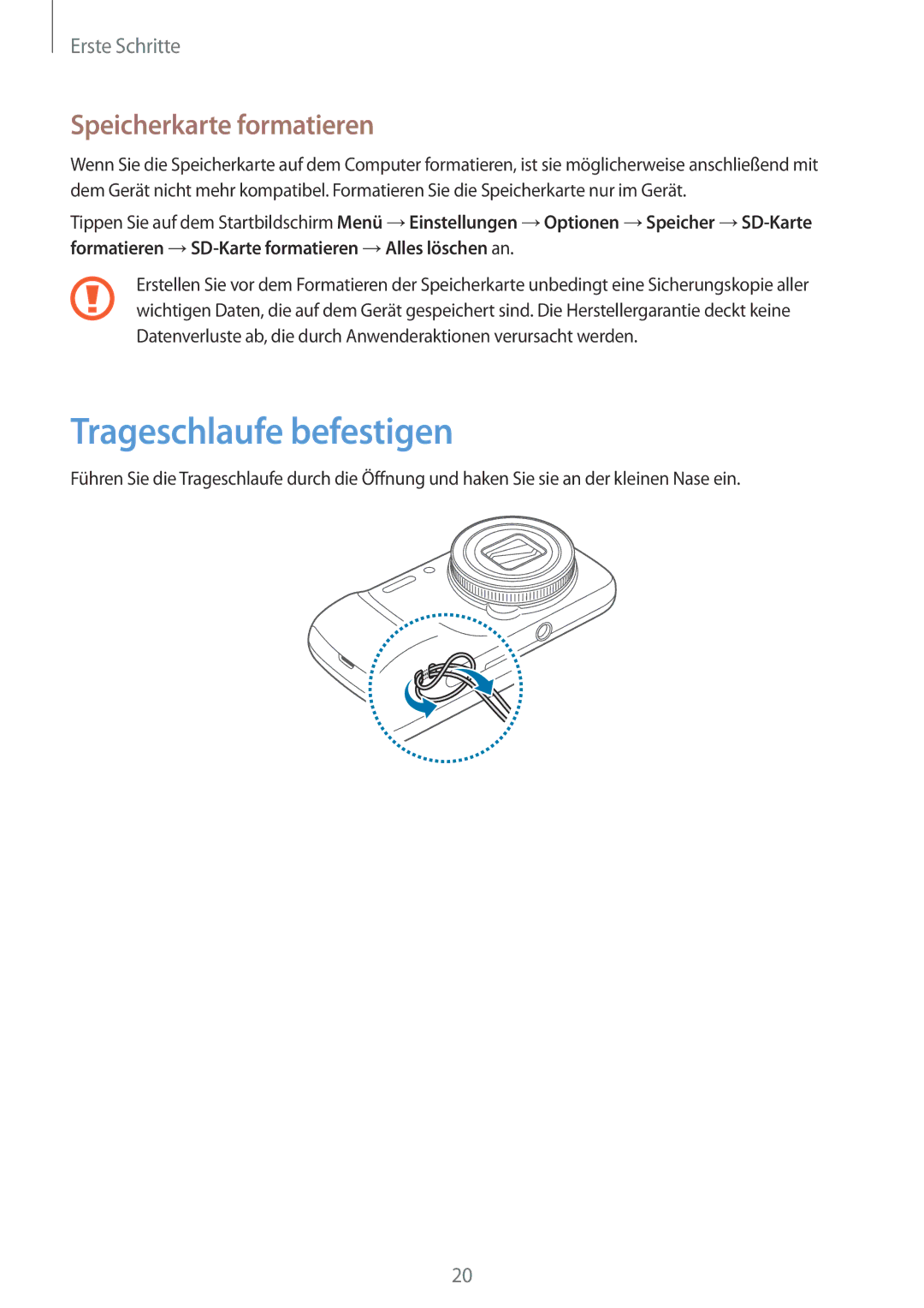 Samsung SM-C1010ZKADBT, SM-C1010ZWAEUR, SM-C1010ZWAXEO, SM-C1010ZWADBT Trageschlaufe befestigen, Speicherkarte formatieren 