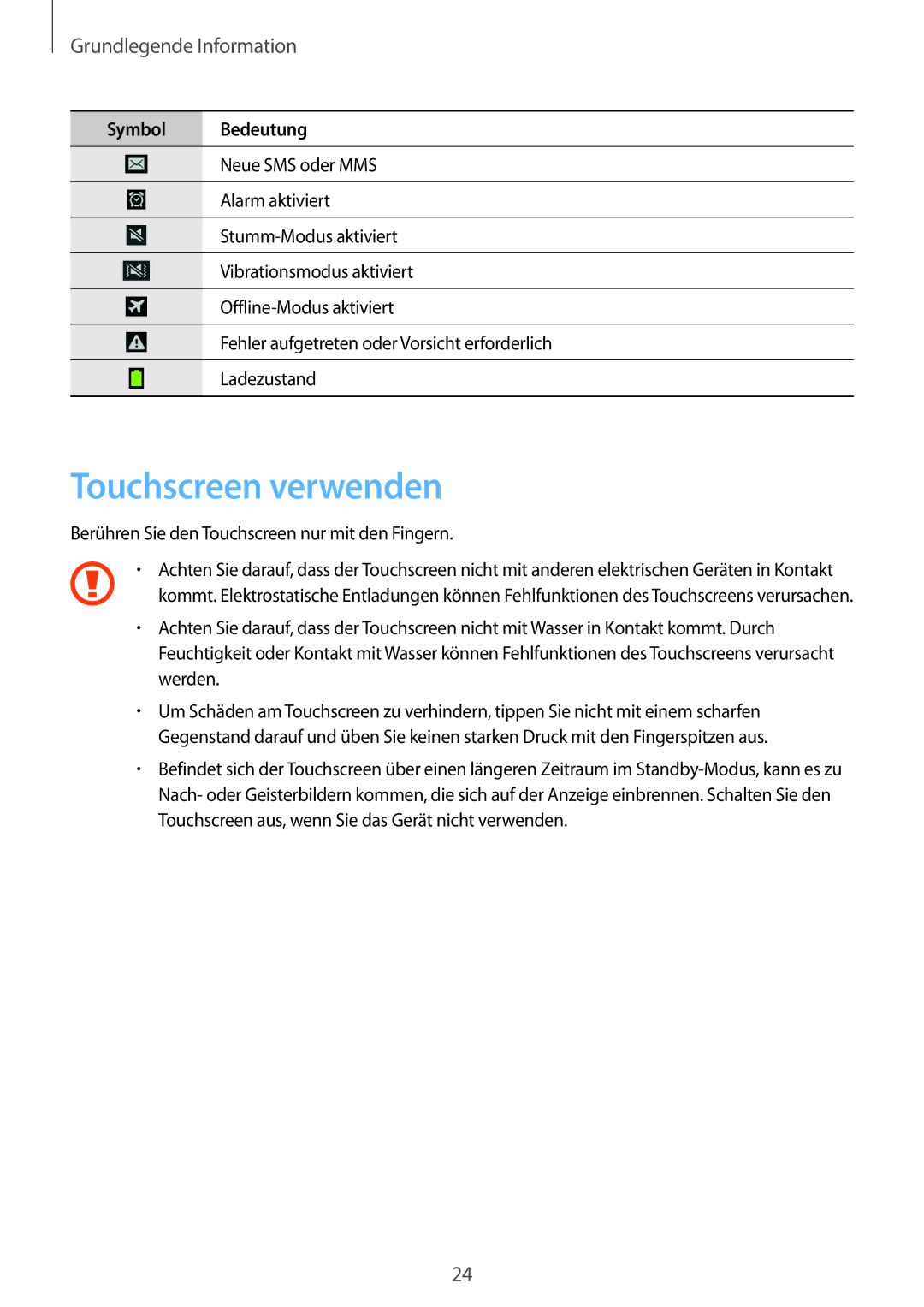 Samsung SM-C1010ZKATPH, SM-C1010ZWAEUR, SM-C1010ZWAXEO, SM-C1010ZKADBT manual Touchscreen verwenden, Grundlegende Information 