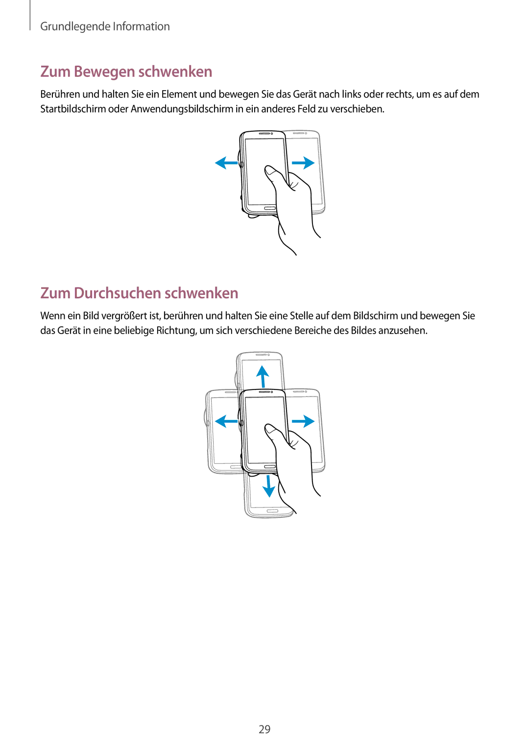 Samsung SM-C1010ZKADBT, SM-C1010ZWAEUR, SM-C1010ZWAXEO, SM-C1010ZWADBT manual Zum Bewegen schwenken, Zum Durchsuchen schwenken 