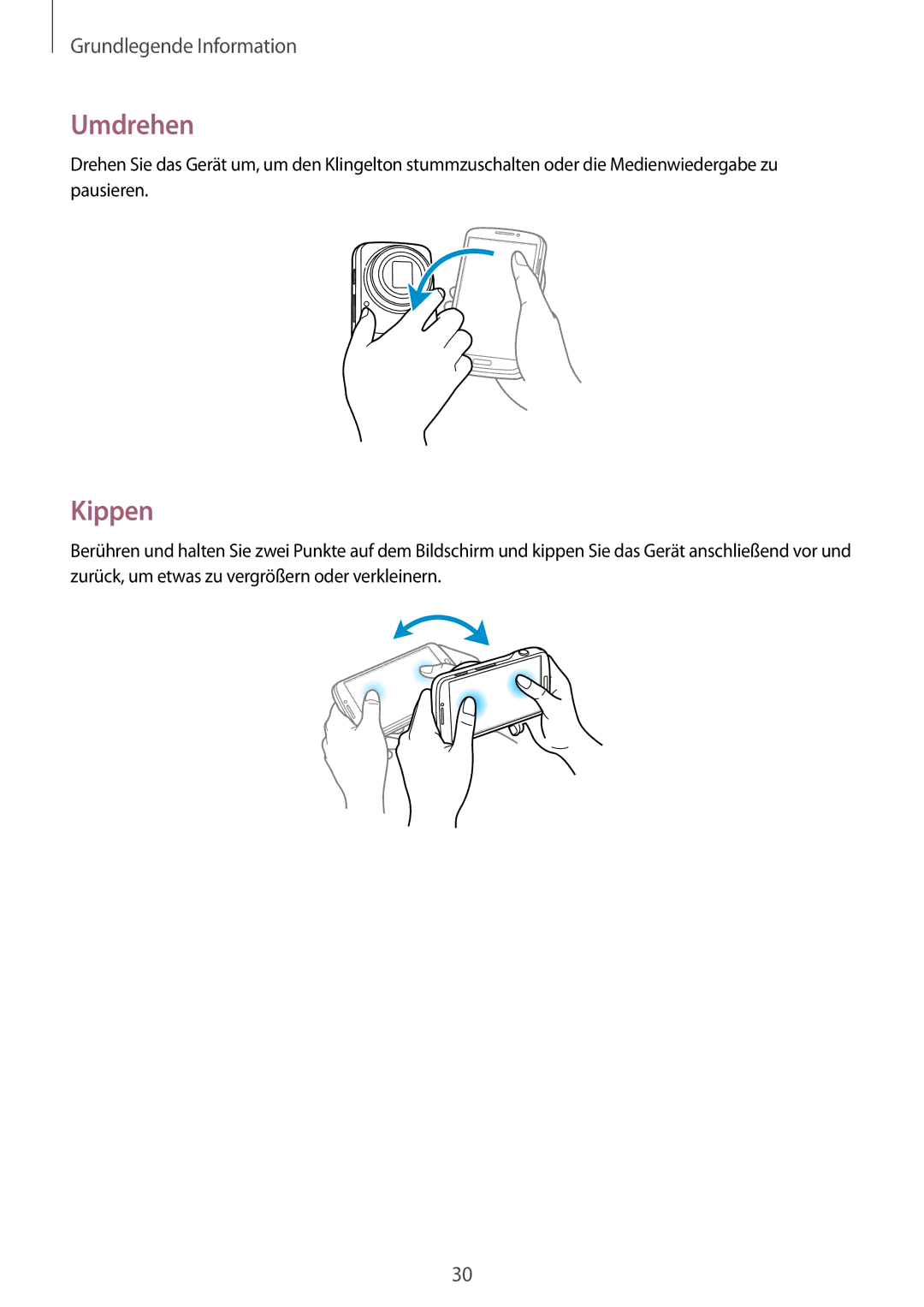 Samsung SM-C1010ZWADBT, SM-C1010ZWAEUR, SM-C1010ZWAXEO, SM-C1010ZKADBT, SM-C1010ZKAEUR, SM-C1010ZKATUR manual Umdrehen, Kippen 