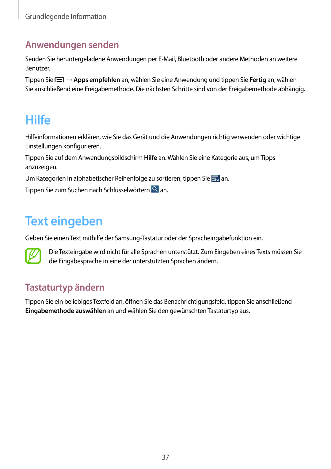 Samsung SM-C1010ZWAXEO, SM-C1010ZWAEUR, SM-C1010ZKADBT manual Hilfe, Text eingeben, Anwendungen senden, Tastaturtyp ändern 