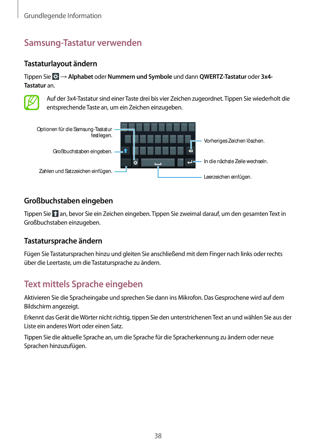 Samsung SM-C1010ZKADBT, SM-C1010ZWAEUR Samsung-Tastatur verwenden, Text mittels Sprache eingeben, Tastaturlayout ändern 