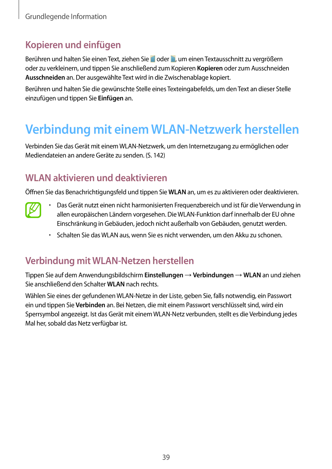 Samsung SM-C1010ZWADBT Kopieren und einfügen, Wlan aktivieren und deaktivieren, Verbindung mit WLAN-Netzen herstellen 