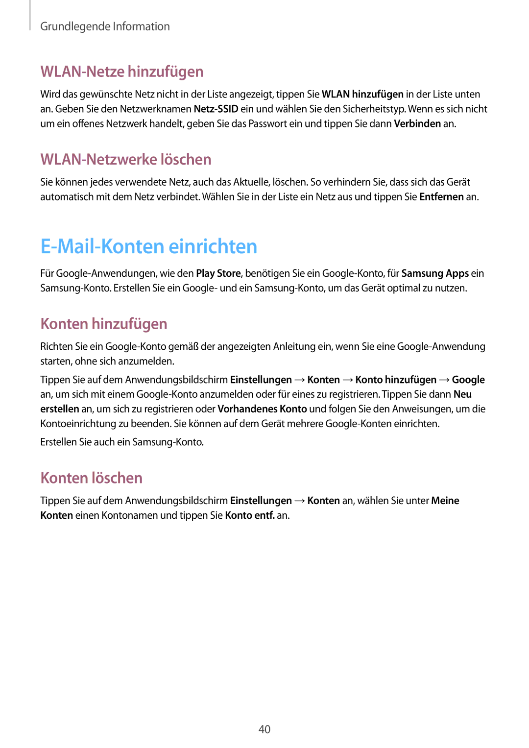 Samsung SM-C1010ZKAEUR manual Mail-Konten einrichten, WLAN-Netze hinzufügen, WLAN-Netzwerke löschen, Konten hinzufügen 