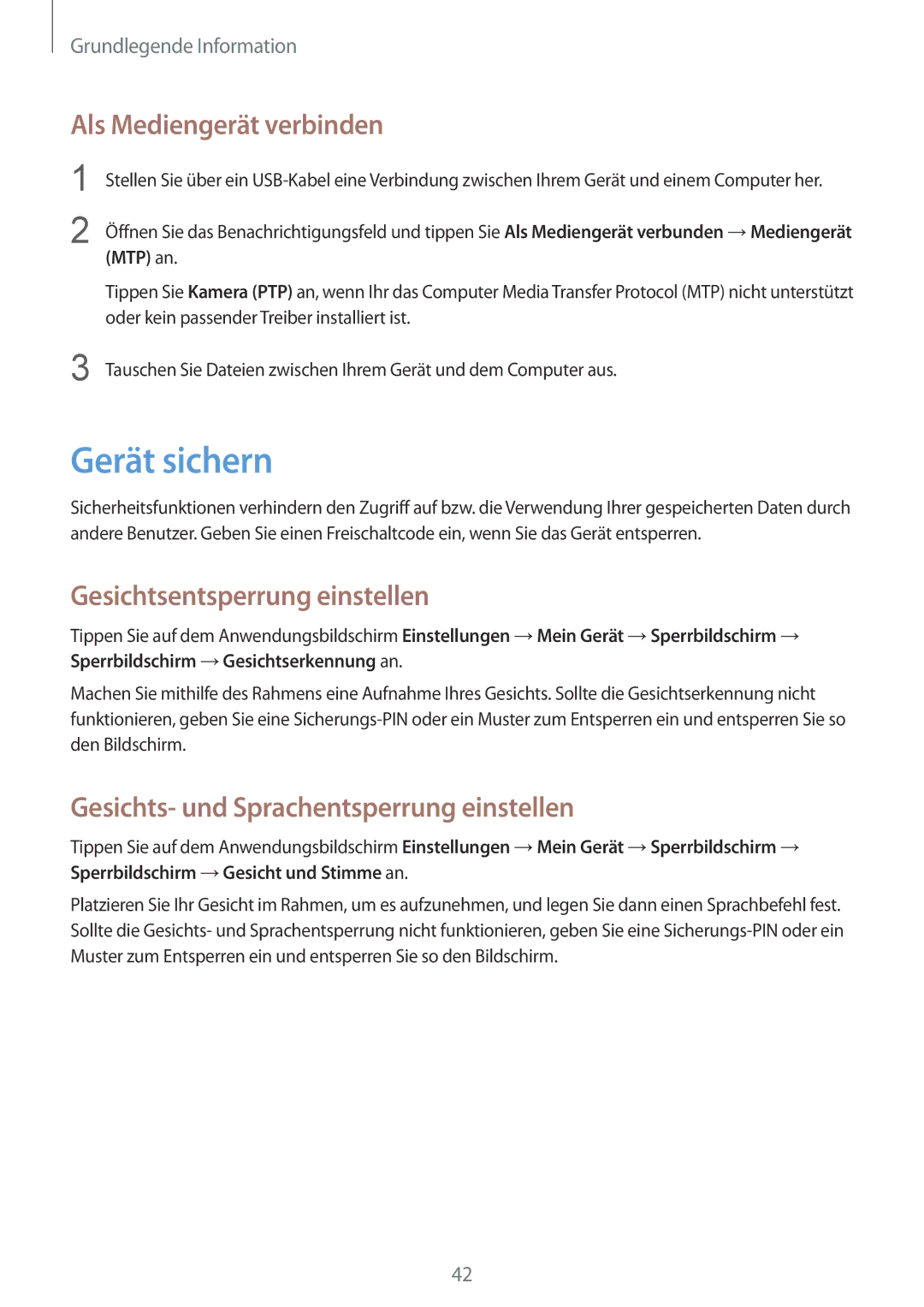 Samsung SM-C1010ZKATPH, SM-C1010ZWAEUR manual Gerät sichern, Als Mediengerät verbinden, Gesichtsentsperrung einstellen 