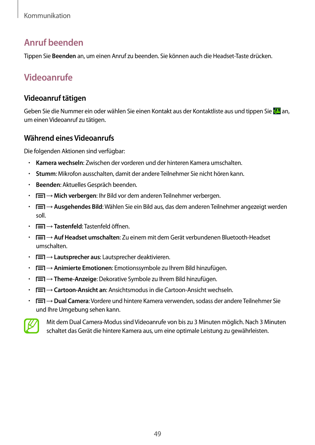 Samsung SM-C1010ZKAEUR, SM-C1010ZWAEUR manual Anruf beenden, Videoanrufe, Videoanruf tätigen, Während eines Videoanrufs 