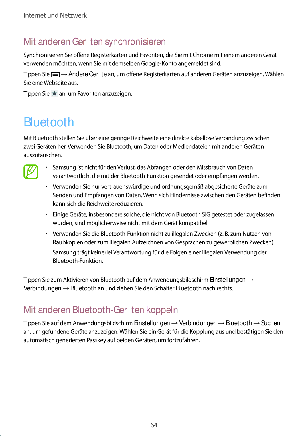 Samsung SM-C1010ZWAXEO, SM-C1010ZWAEUR manual Mit anderen Geräten synchronisieren, Mit anderen Bluetooth-Geräten koppeln 