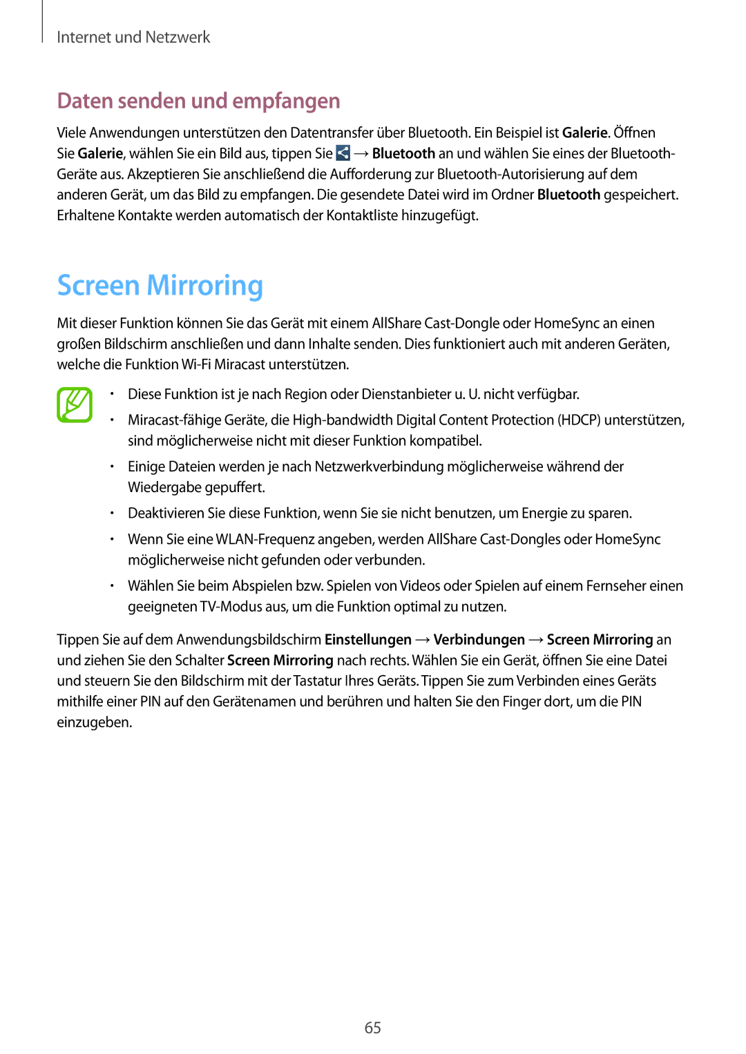 Samsung SM-C1010ZKADBT, SM-C1010ZWAEUR, SM-C1010ZWAXEO, SM-C1010ZWADBT manual Screen Mirroring, Daten senden und empfangen 