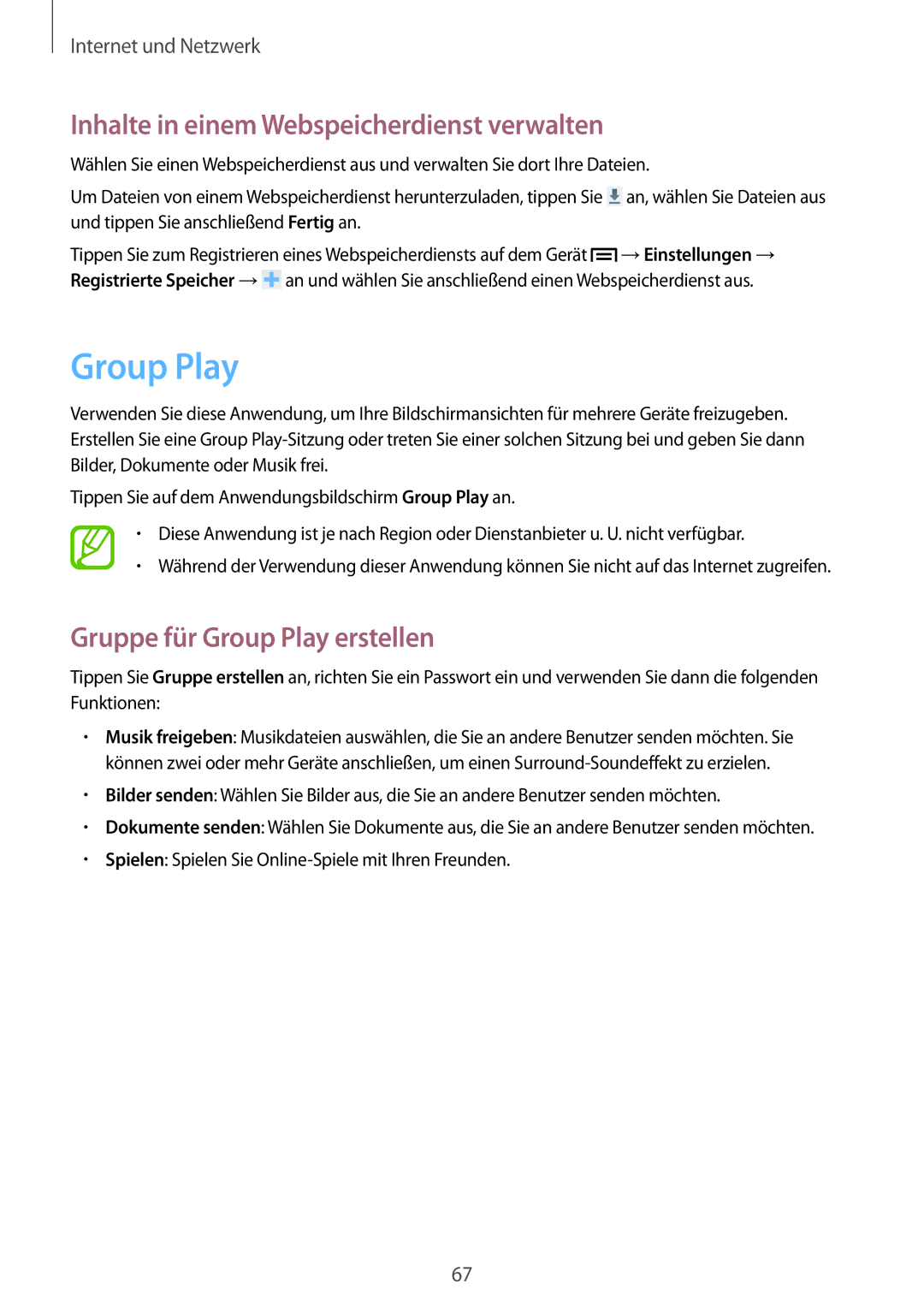 Samsung SM-C1010ZKAEUR, SM-C1010ZWAEUR Inhalte in einem Webspeicherdienst verwalten, Gruppe für Group Play erstellen 