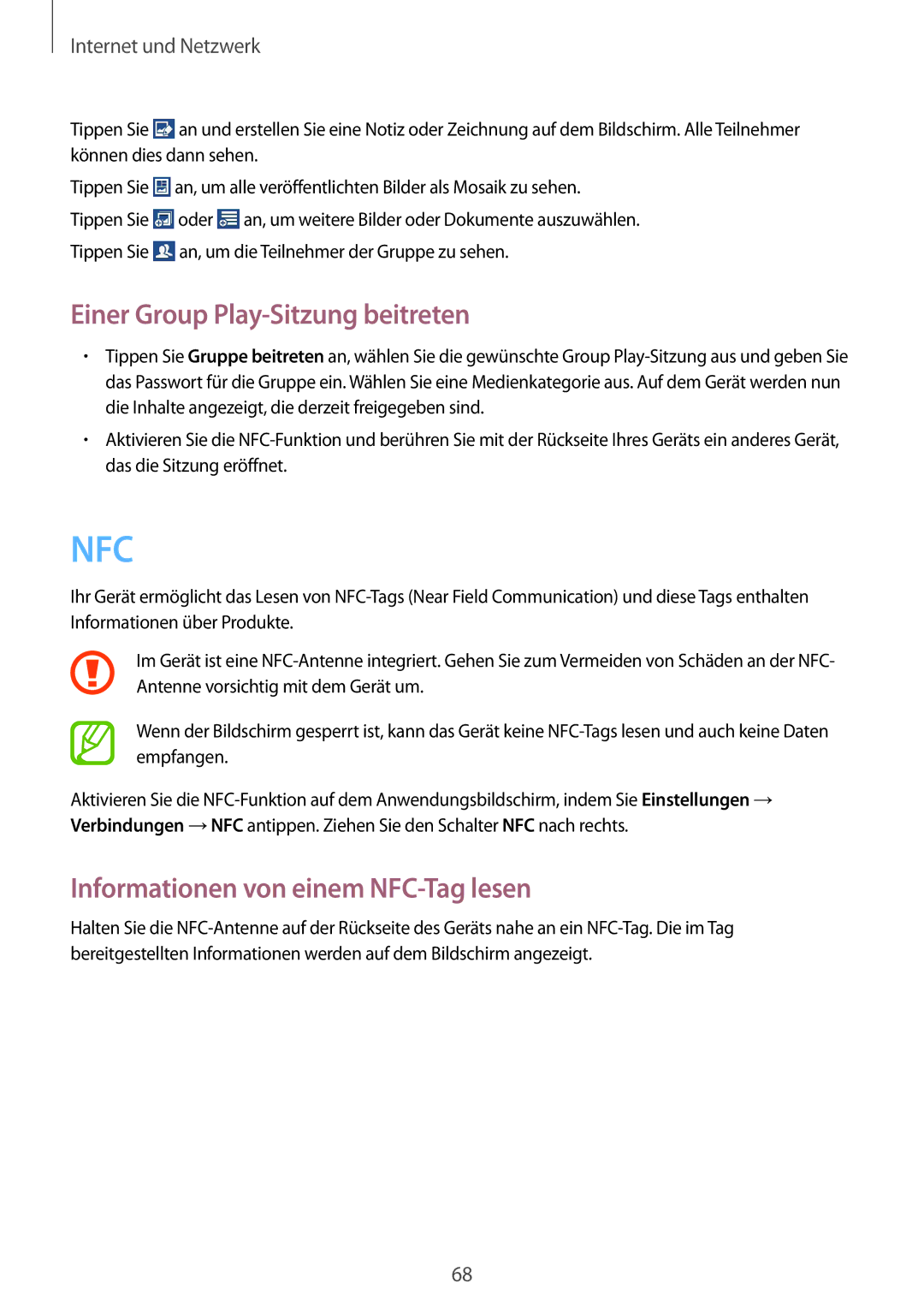 Samsung SM-C1010ZKATUR, SM-C1010ZWAEUR manual Einer Group Play-Sitzung beitreten, Informationen von einem NFC-Tag lesen 