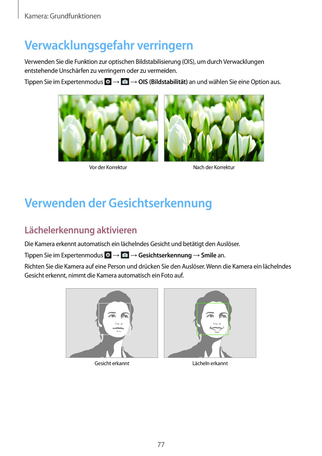 Samsung SM-C1010ZKATUR manual Verwacklungsgefahr verringern, Verwenden der Gesichtserkennung, Lächelerkennung aktivieren 