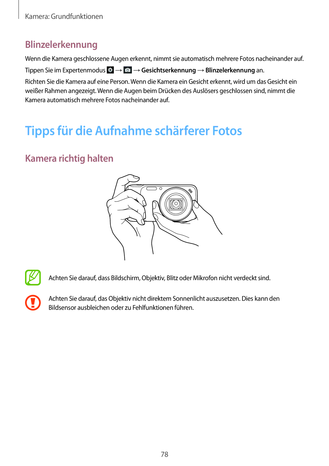 Samsung SM-C1010ZKATPH, SM-C1010ZWAEUR Tipps für die Aufnahme schärferer Fotos, Blinzelerkennung, Kamera richtig halten 