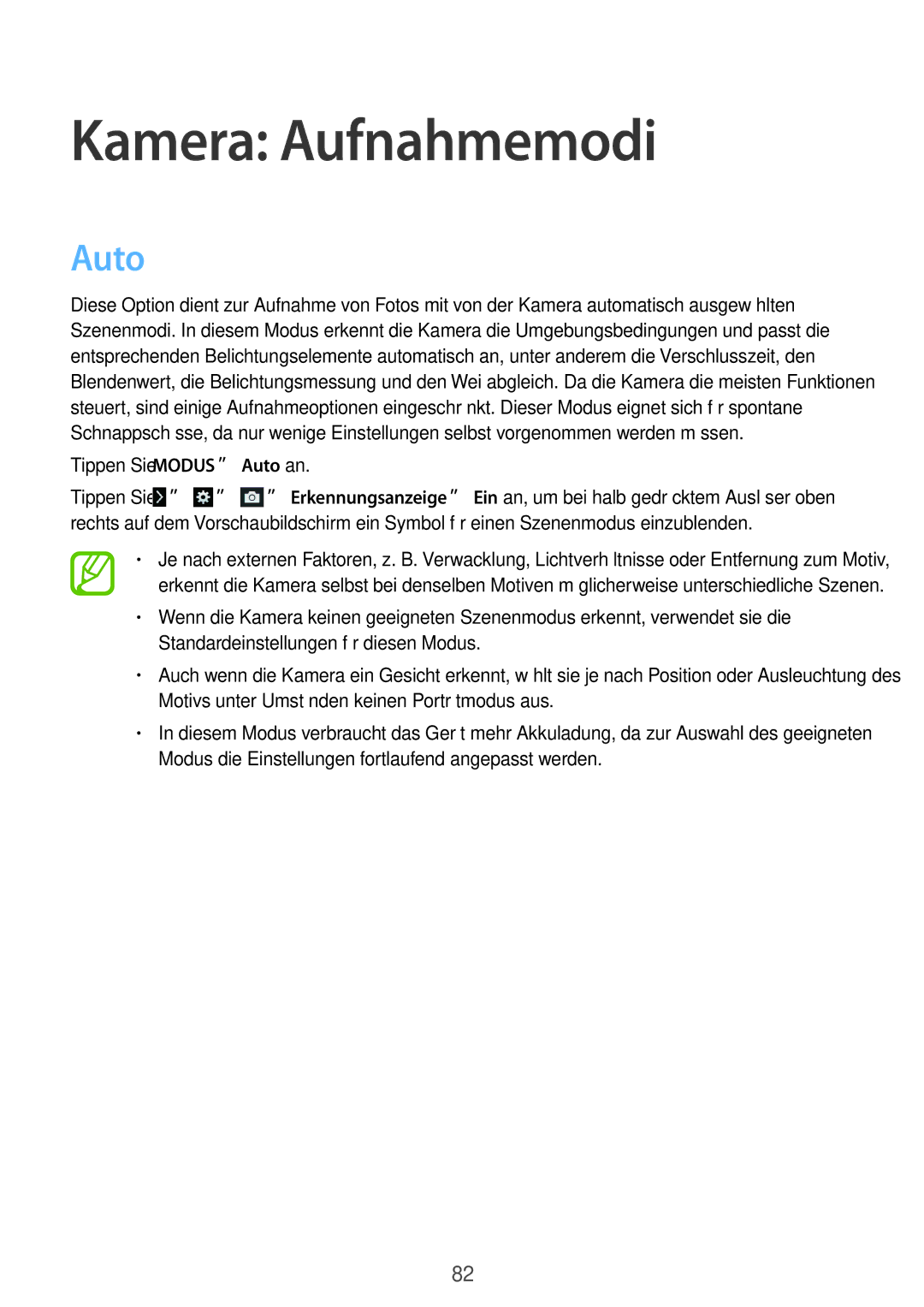 Samsung SM-C1010ZWAXEO, SM-C1010ZWAEUR, SM-C1010ZKADBT, SM-C1010ZWADBT, SM-C1010ZKAEUR manual Kamera Aufnahmemodi, Auto 
