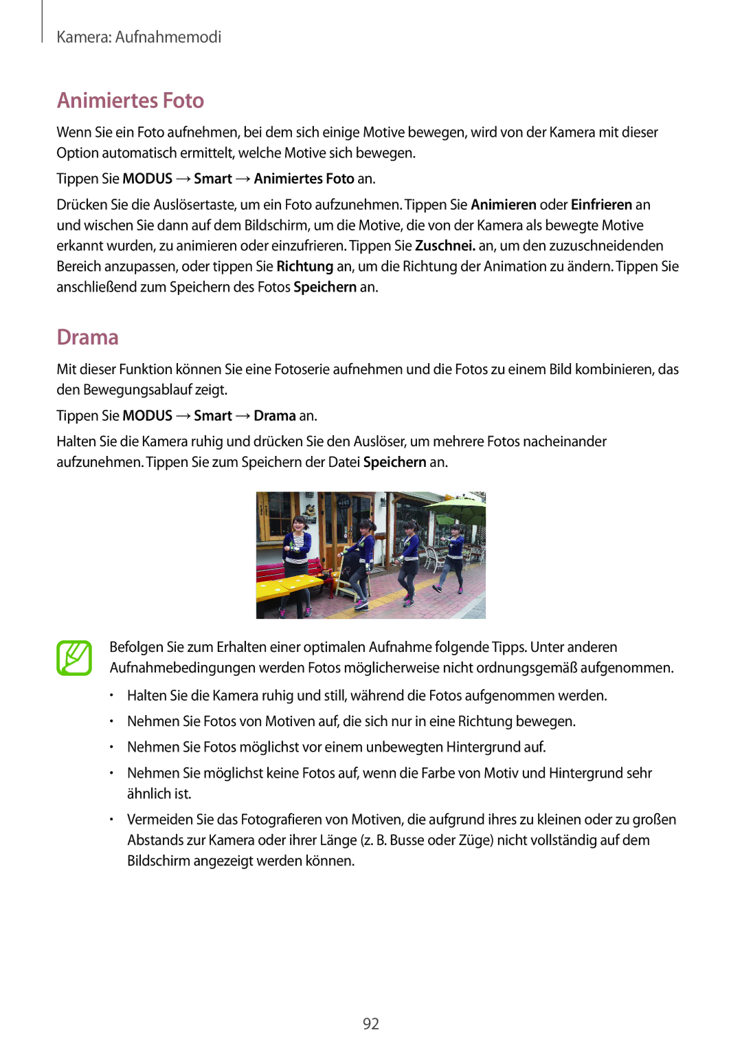 Samsung SM-C1010ZKADBT manual Tippen Sie Modus →Smart →Animiertes Foto an, Tippen Sie Modus →Smart →Drama an 