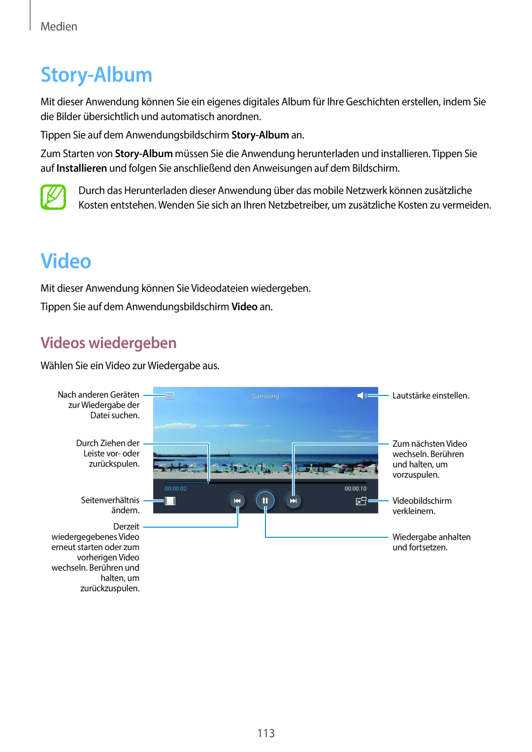 Samsung SM-C1010ZKATUR manual Videos wiedergeben, Medien, Tippen Sie auf dem Anwendungsbildschirm Story-Album an 