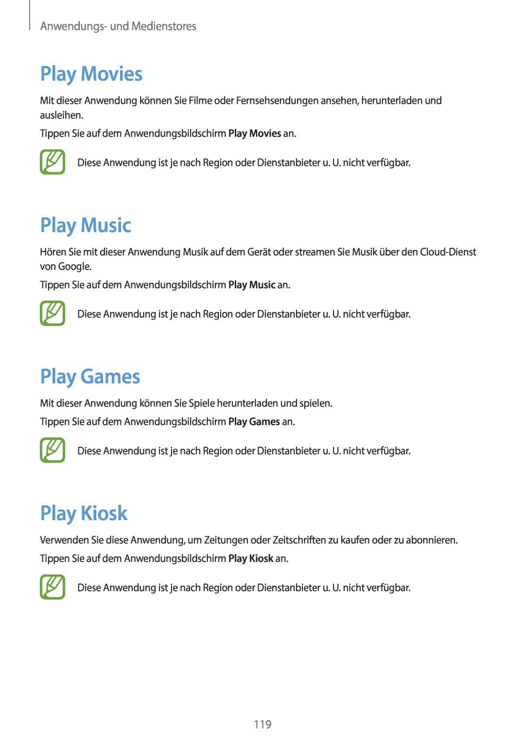 Samsung SM-C1010ZKADBT, SM-C1010ZWAEUR manual Play Movies, Play Music, Play Games, Play Kiosk, Anwendungs- und Medienstores 