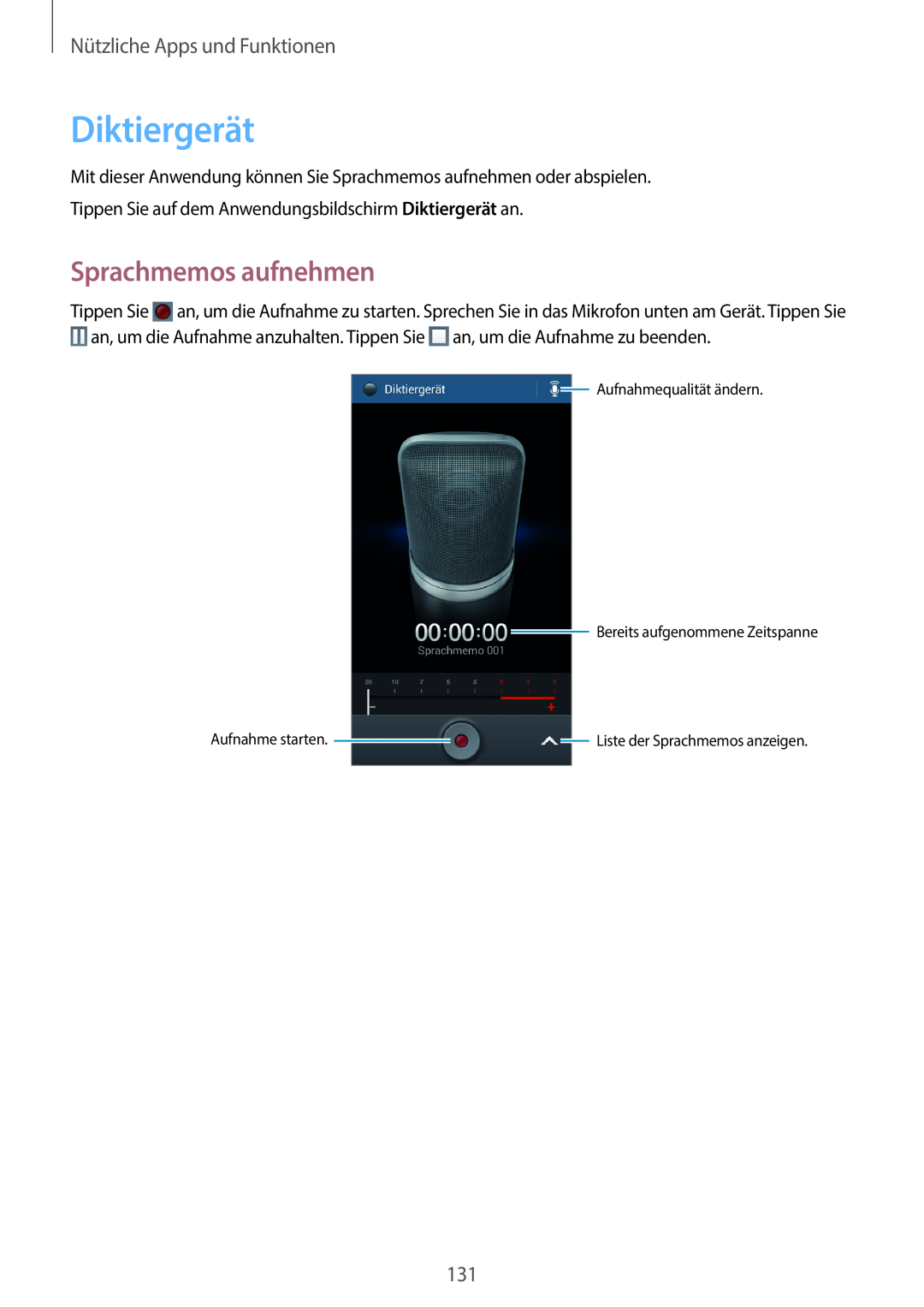 Samsung SM-C1010ZKATUR manual Diktiergerät, Sprachmemos aufnehmen, Nützliche Apps und Funktionen, Aufnahme starten 