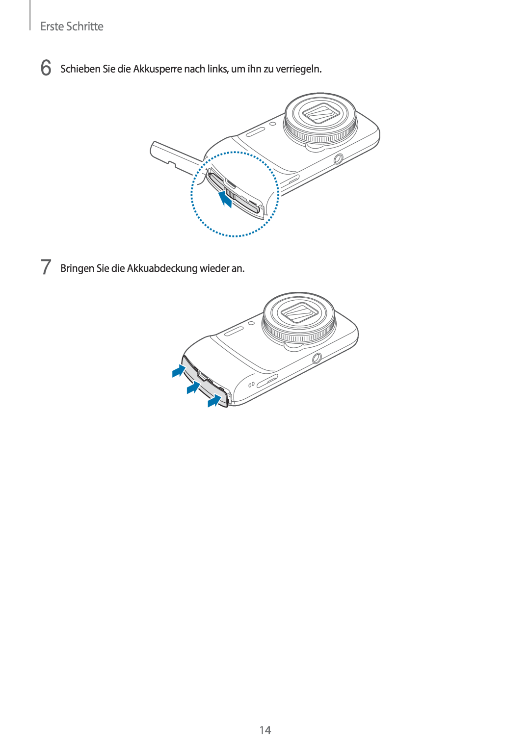 Samsung SM-C1010ZKATUR, SM-C1010ZWAEUR manual Erste Schritte, Schieben Sie die Akkusperre nach links, um ihn zu verriegeln 