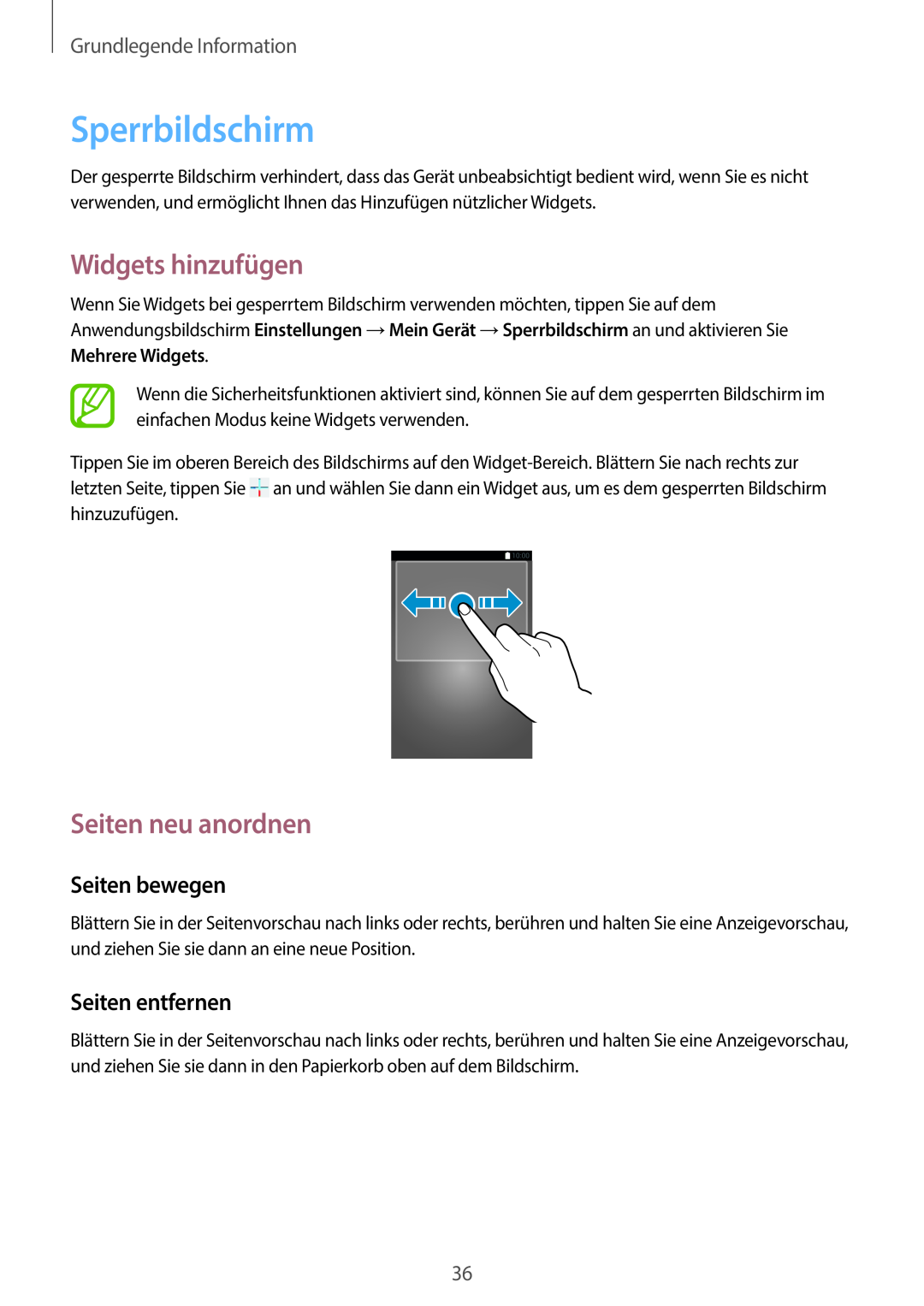 Samsung SM-C1010ZWAEUR manual Sperrbildschirm, Widgets hinzufügen, Seiten neu anordnen, Seiten bewegen, Seiten entfernen 