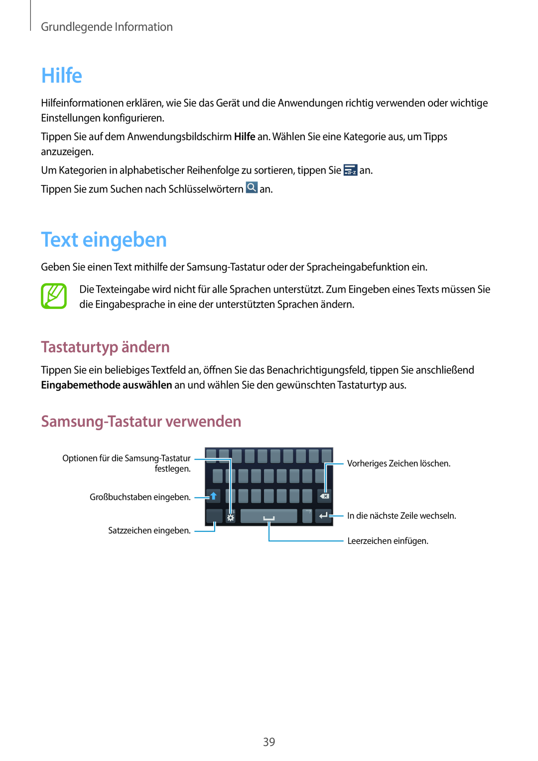 Samsung SM-C1010ZWADBT Hilfe, Text eingeben, Tastaturtyp ändern, Samsung-Tastatur verwenden, Grundlegende Information 
