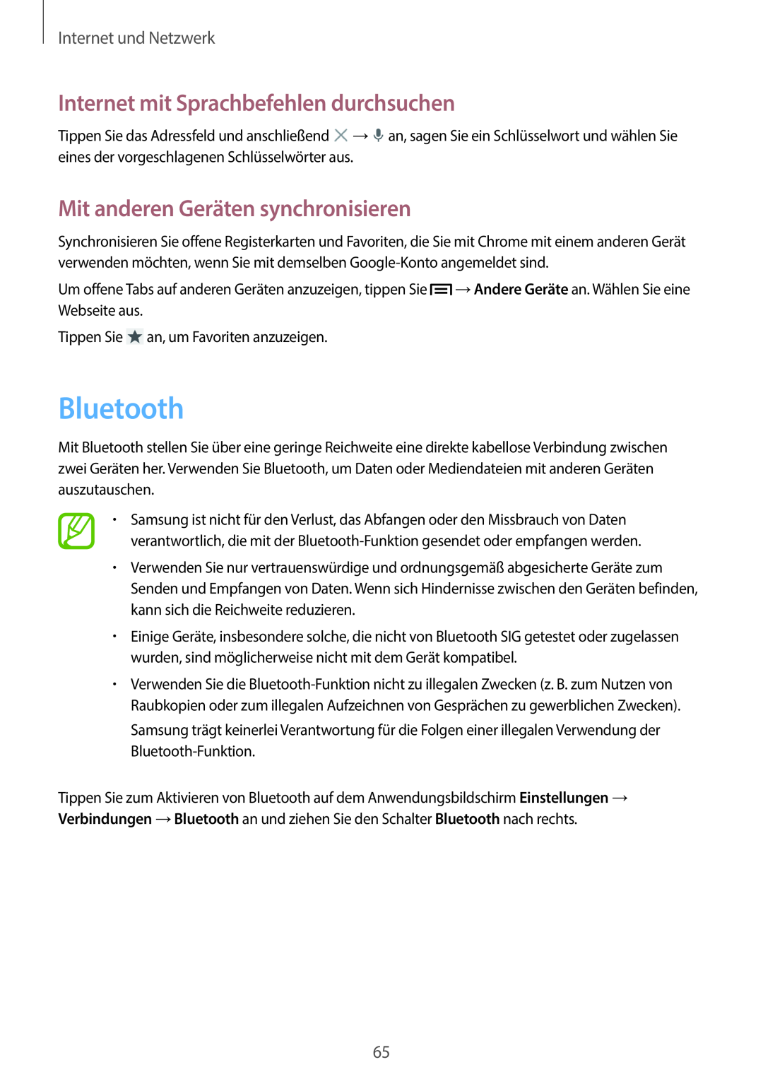 Samsung SM-C1010ZKADBT manual Bluetooth, Mit anderen Geräten synchronisieren, Internet mit Sprachbefehlen durchsuchen 