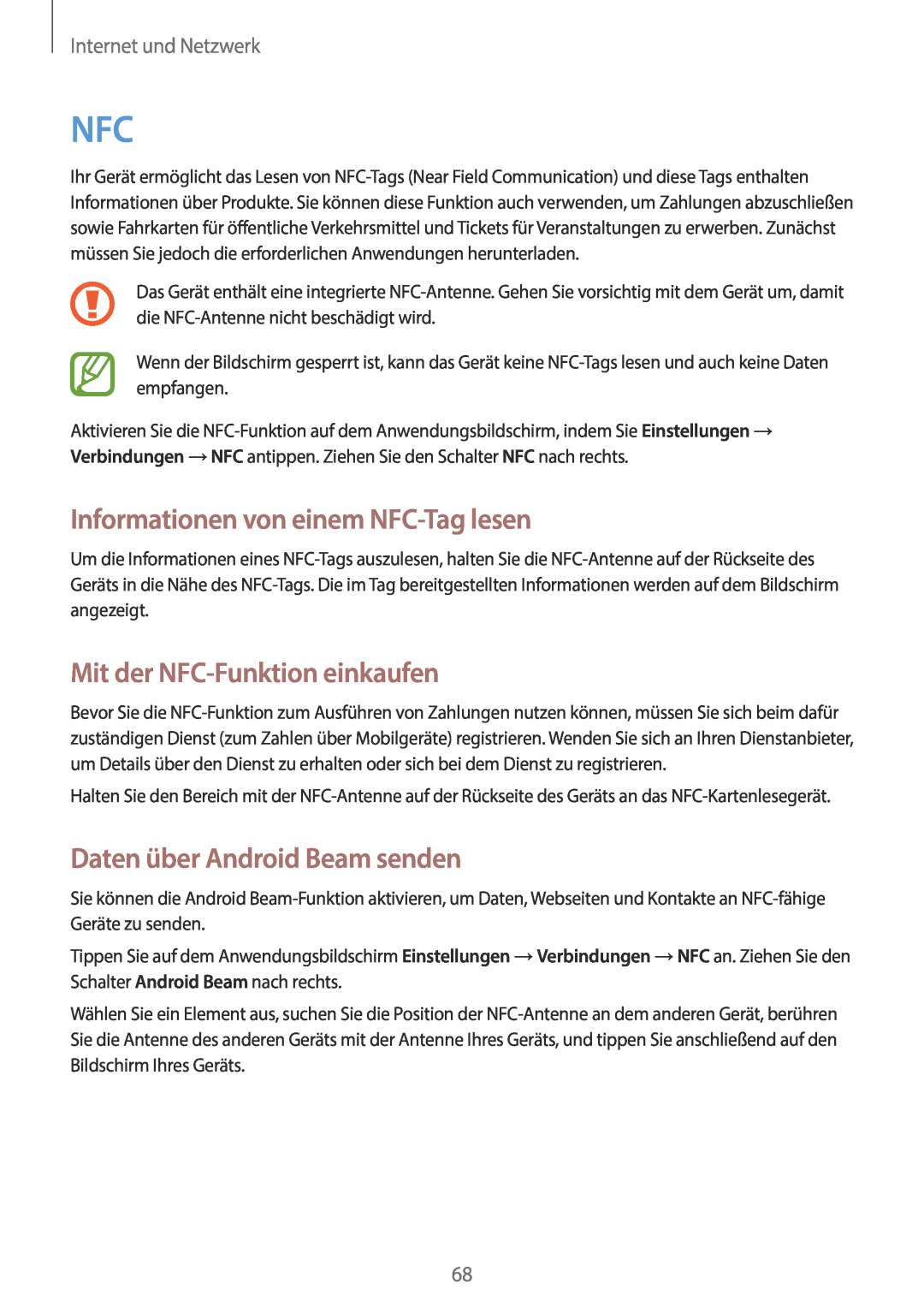 Samsung SM-C1010ZKATUR manual Informationen von einem NFC-Tag lesen, Mit der NFC-Funktion einkaufen, Internet und Netzwerk 