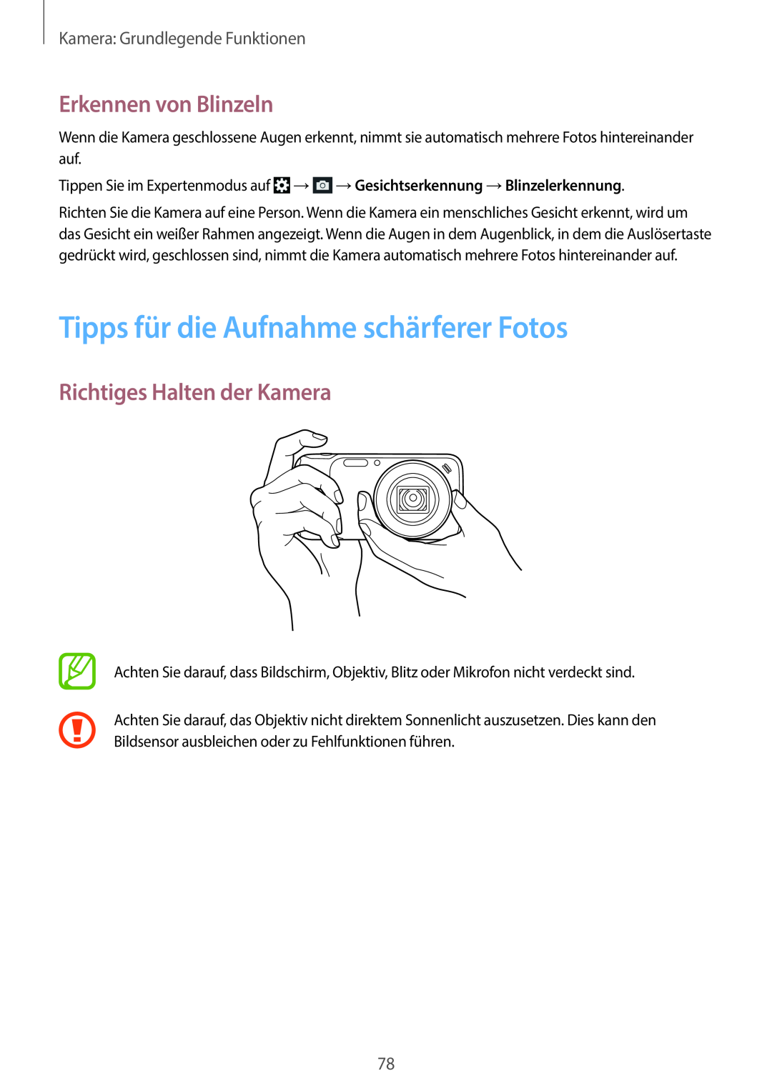 Samsung SM-C1010ZKATPH manual Tipps für die Aufnahme schärferer Fotos, Erkennen von Blinzeln, Richtiges Halten der Kamera 