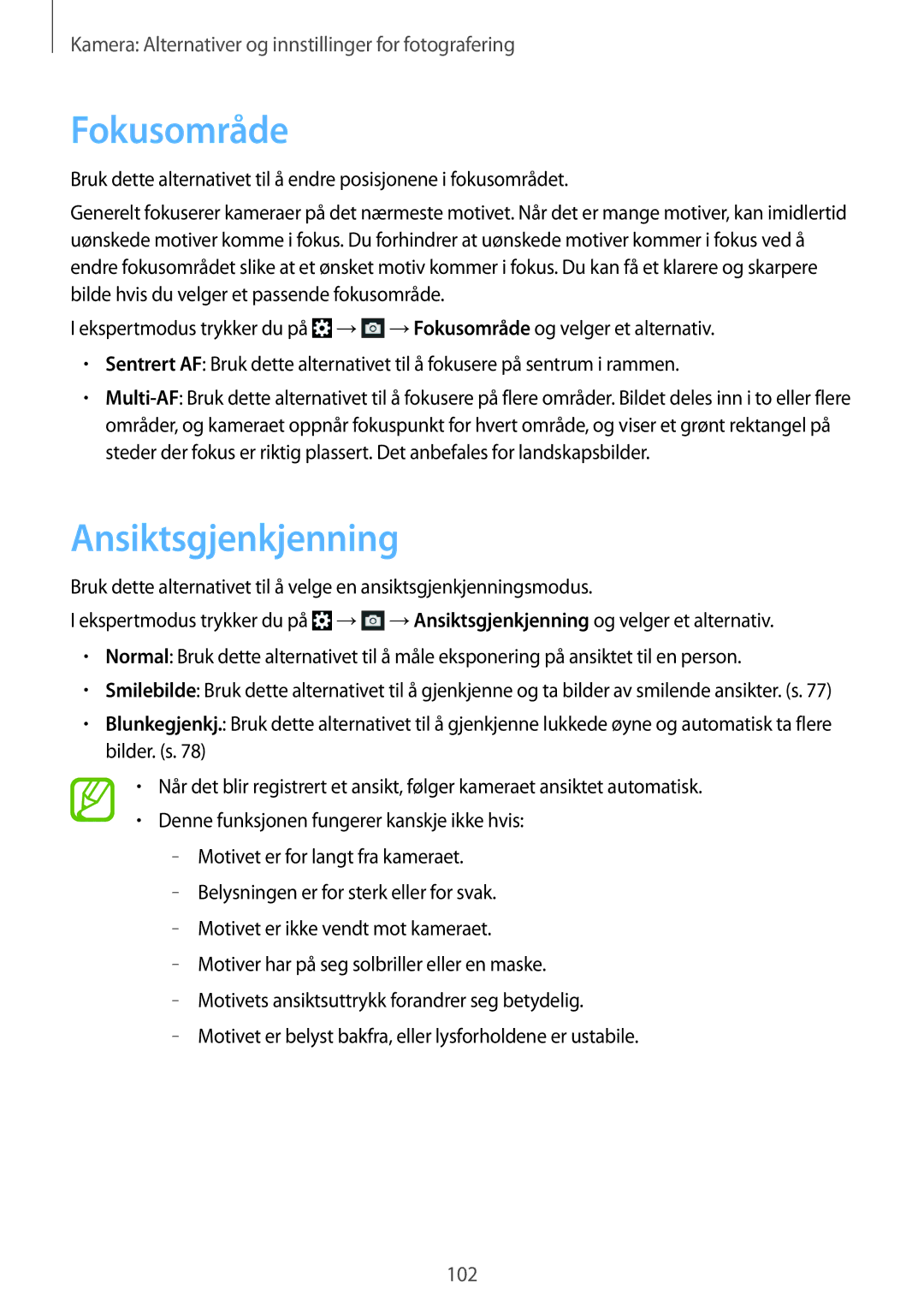 Samsung SM-C1010ZWANEE, SM-C1010ZKANEE manual Fokusområde, Ansiktsgjenkjenning 