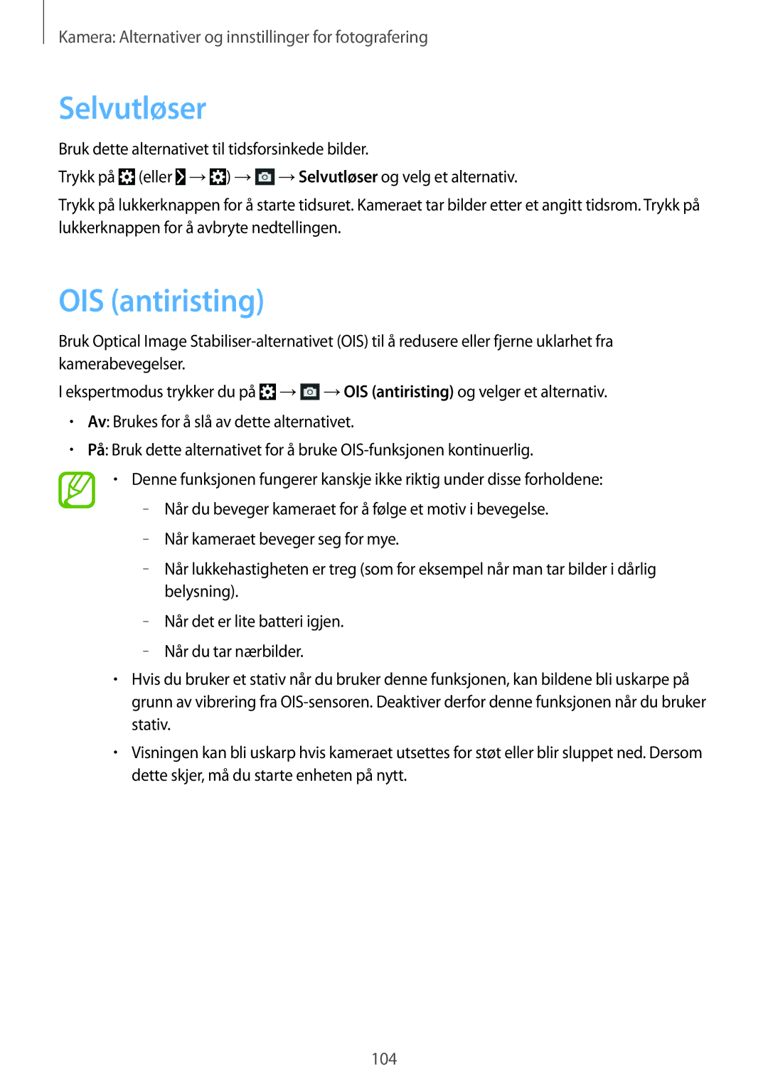 Samsung SM-C1010ZWANEE, SM-C1010ZKANEE manual Selvutløser, OIS antiristing 