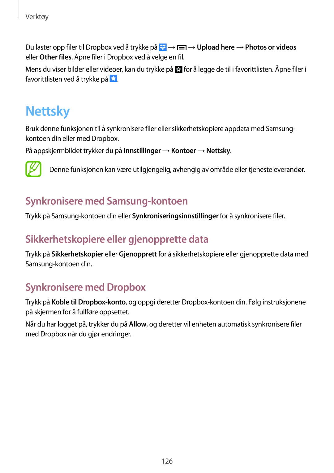 Samsung SM-C1010ZWANEE manual Nettsky, Synkronisere med Samsung-kontoen, Sikkerhetskopiere eller gjenopprette data 