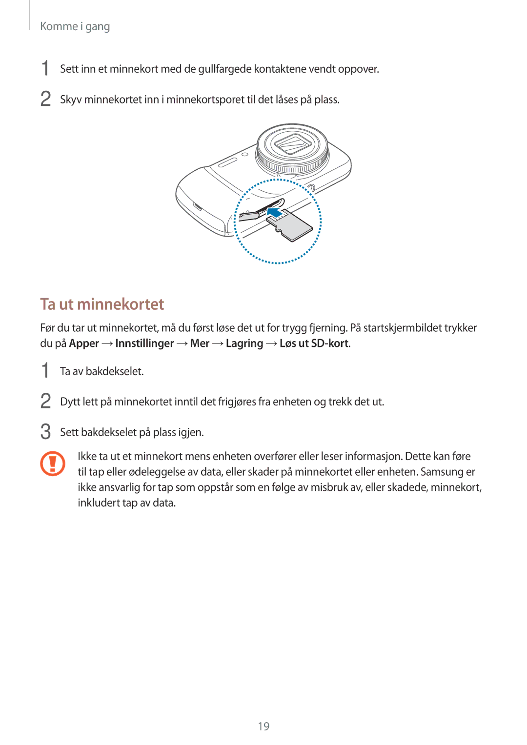 Samsung SM-C1010ZKANEE, SM-C1010ZWANEE manual Ta ut minnekortet 