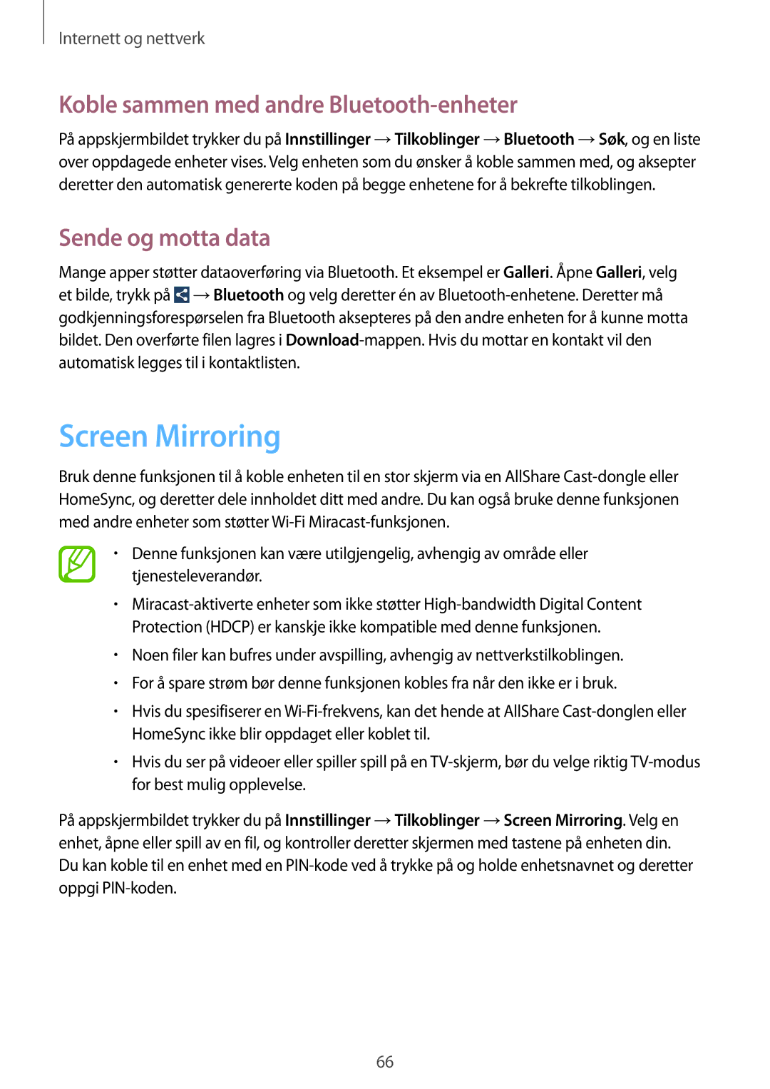 Samsung SM-C1010ZWANEE, SM-C1010ZKANEE Screen Mirroring, Koble sammen med andre Bluetooth-enheter, Sende og motta data 