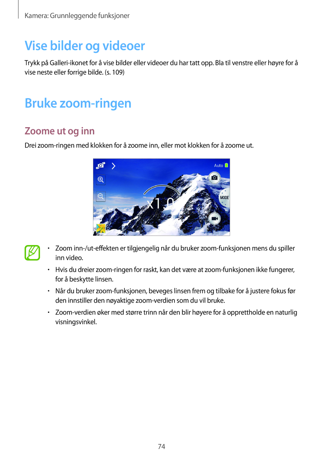 Samsung SM-C1010ZWANEE, SM-C1010ZKANEE manual Vise bilder og videoer, Bruke zoom-ringen, Zoome ut og inn 