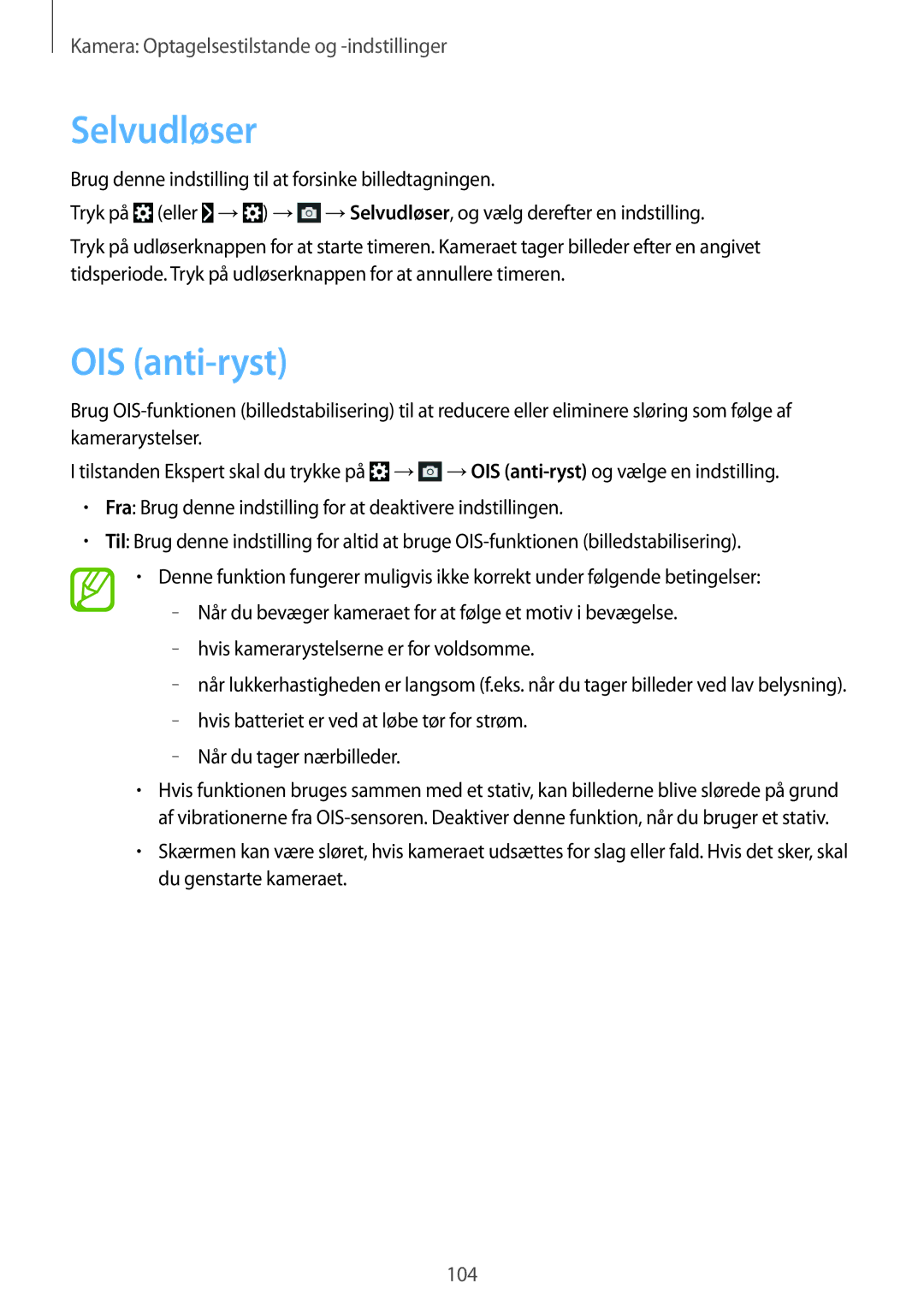 Samsung SM-C1010ZWANEE, SM-C1010ZKANEE manual Selvudløser, OIS anti-ryst 