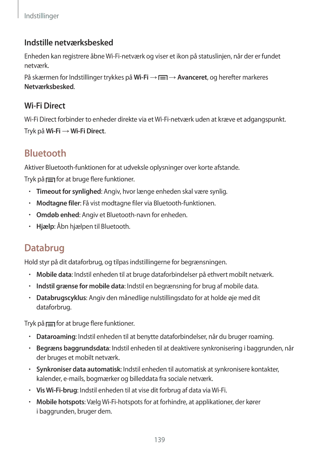 Samsung SM-C1010ZKANEE, SM-C1010ZWANEE manual Bluetooth, Databrug, Indstille netværksbesked, Wi-Fi Direct 