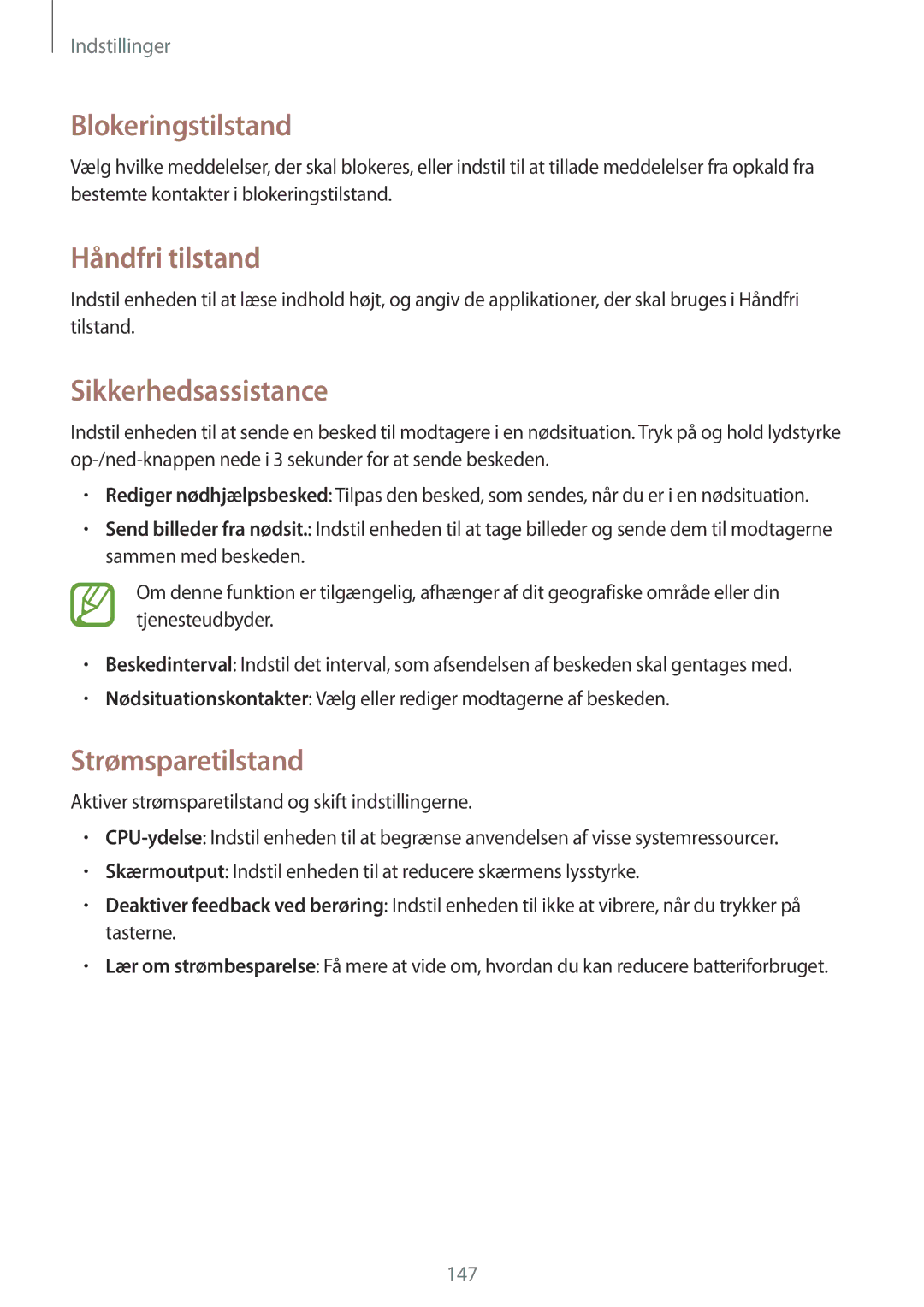 Samsung SM-C1010ZKANEE, SM-C1010ZWANEE manual Blokeringstilstand, Sikkerhedsassistance, Strømsparetilstand 
