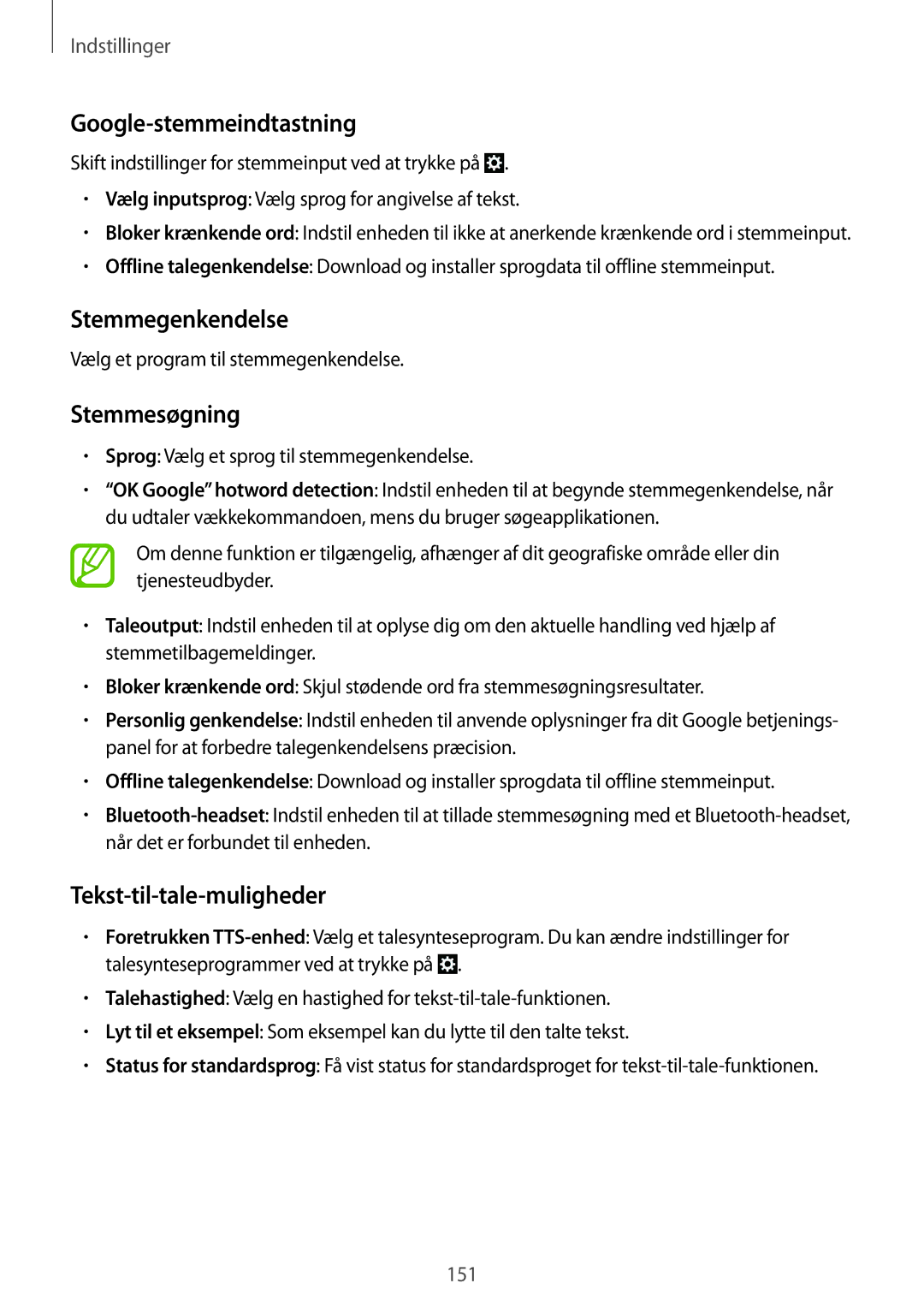 Samsung SM-C1010ZKANEE manual Google-stemmeindtastning, Stemmegenkendelse, Stemmesøgning, Tekst-til-tale-muligheder 