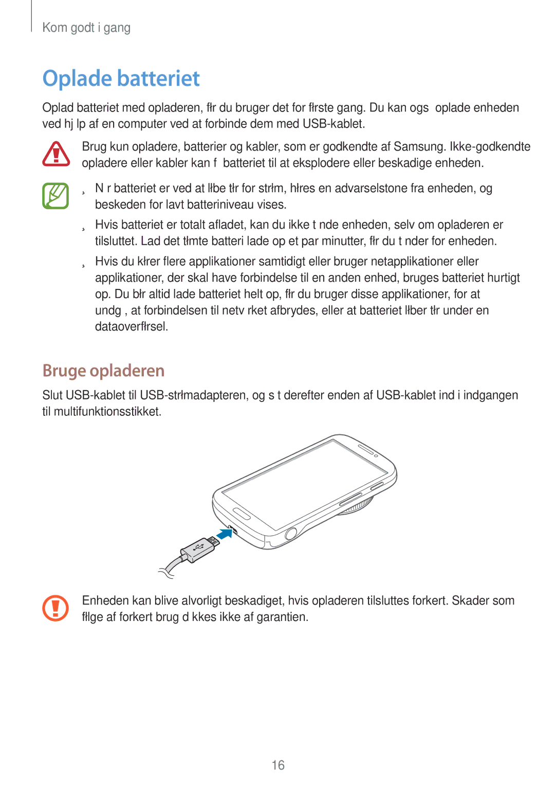 Samsung SM-C1010ZWANEE, SM-C1010ZKANEE manual Oplade batteriet, Bruge opladeren 