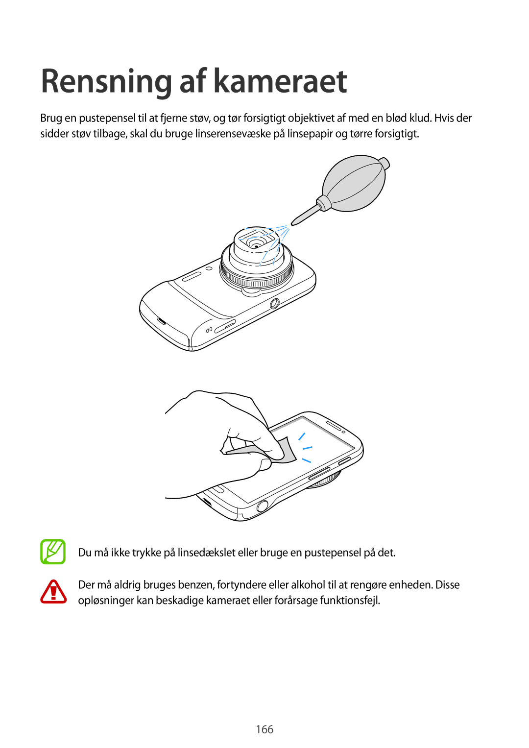 Samsung SM-C1010ZWANEE, SM-C1010ZKANEE manual Rensning af kameraet, 166 