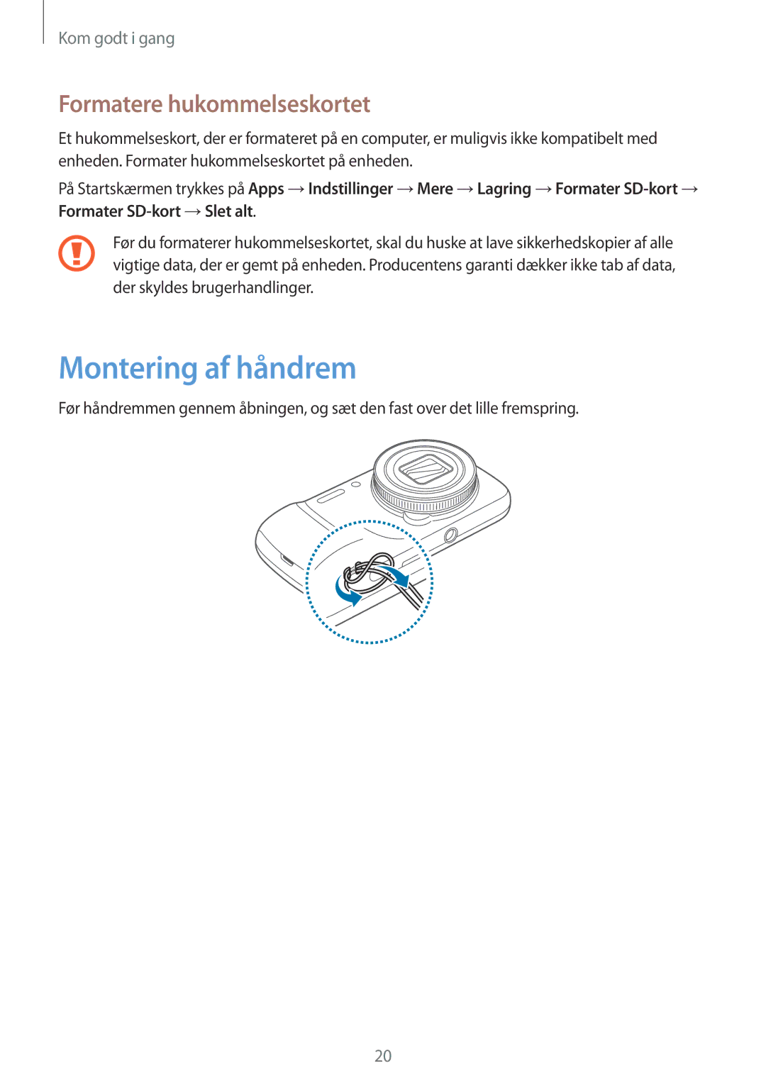 Samsung SM-C1010ZWANEE, SM-C1010ZKANEE manual Montering af håndrem, Formatere hukommelseskortet 