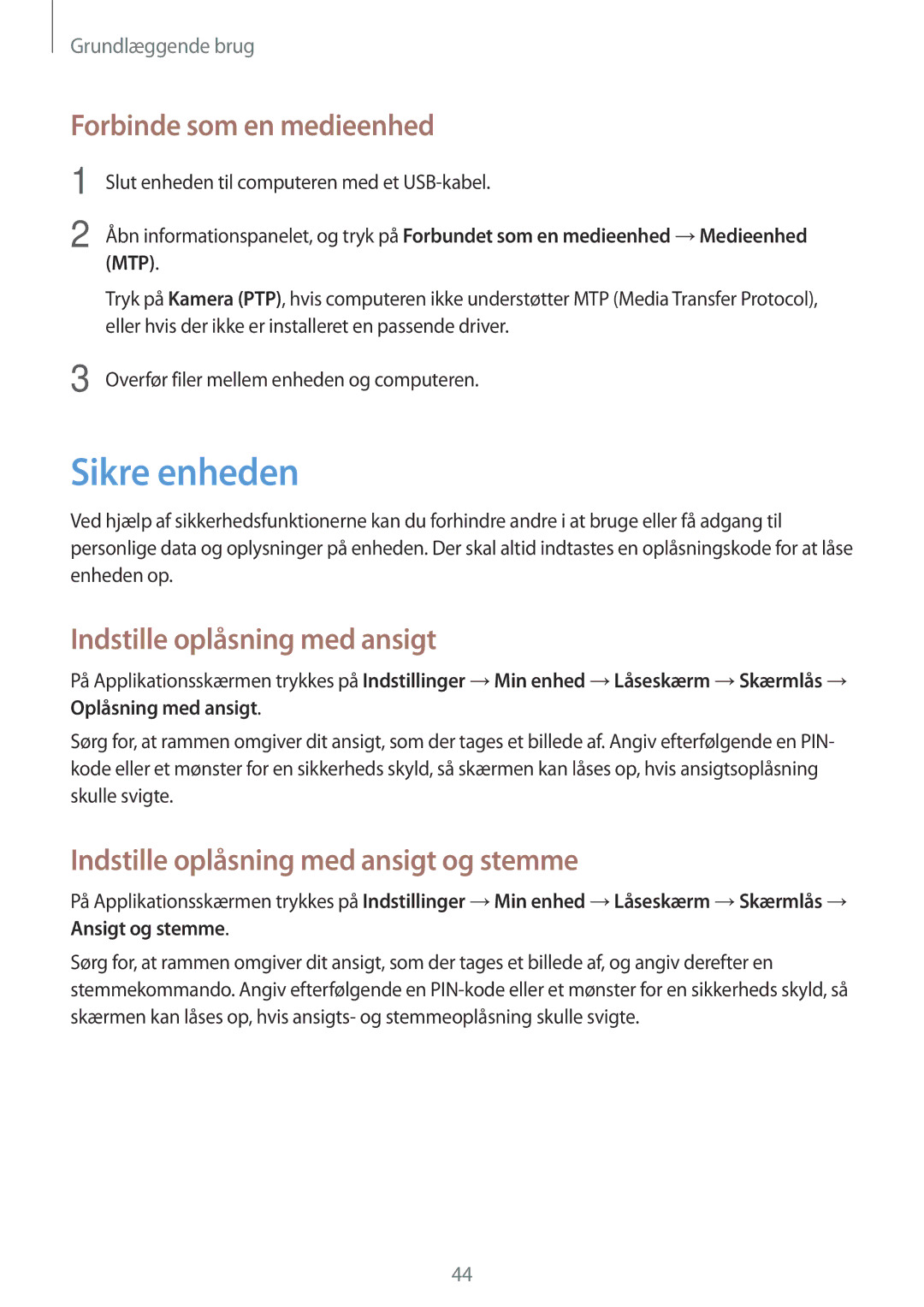 Samsung SM-C1010ZWANEE, SM-C1010ZKANEE manual Sikre enheden, Forbinde som en medieenhed, Indstille oplåsning med ansigt 