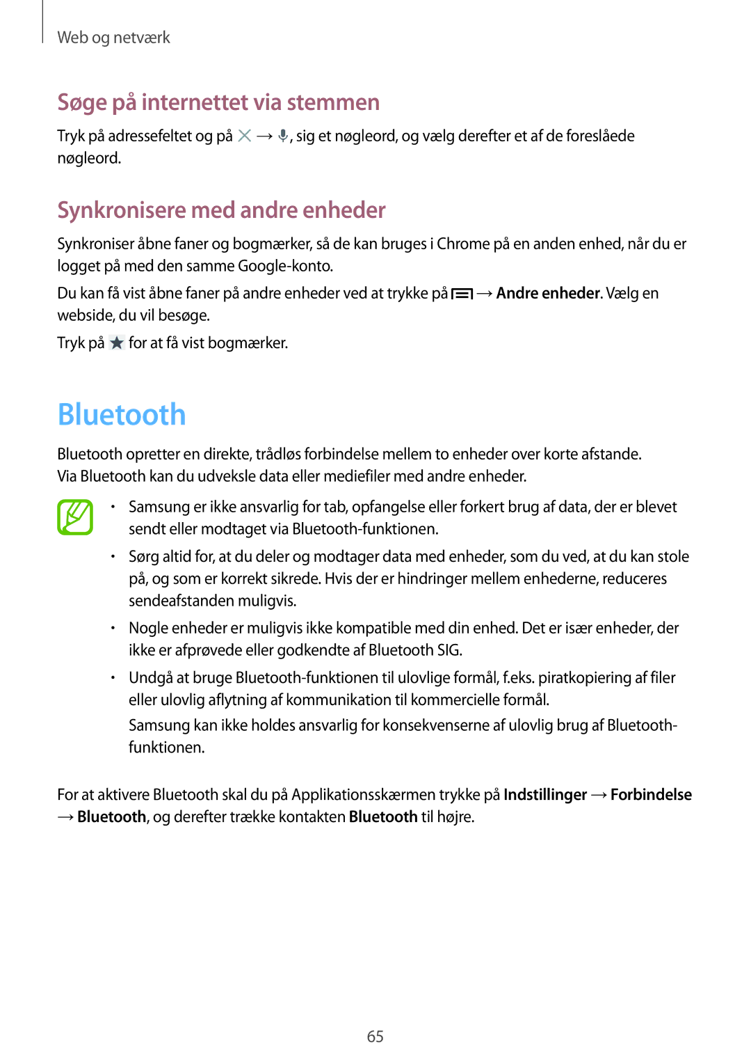 Samsung SM-C1010ZKANEE, SM-C1010ZWANEE manual Bluetooth, Synkronisere med andre enheder 