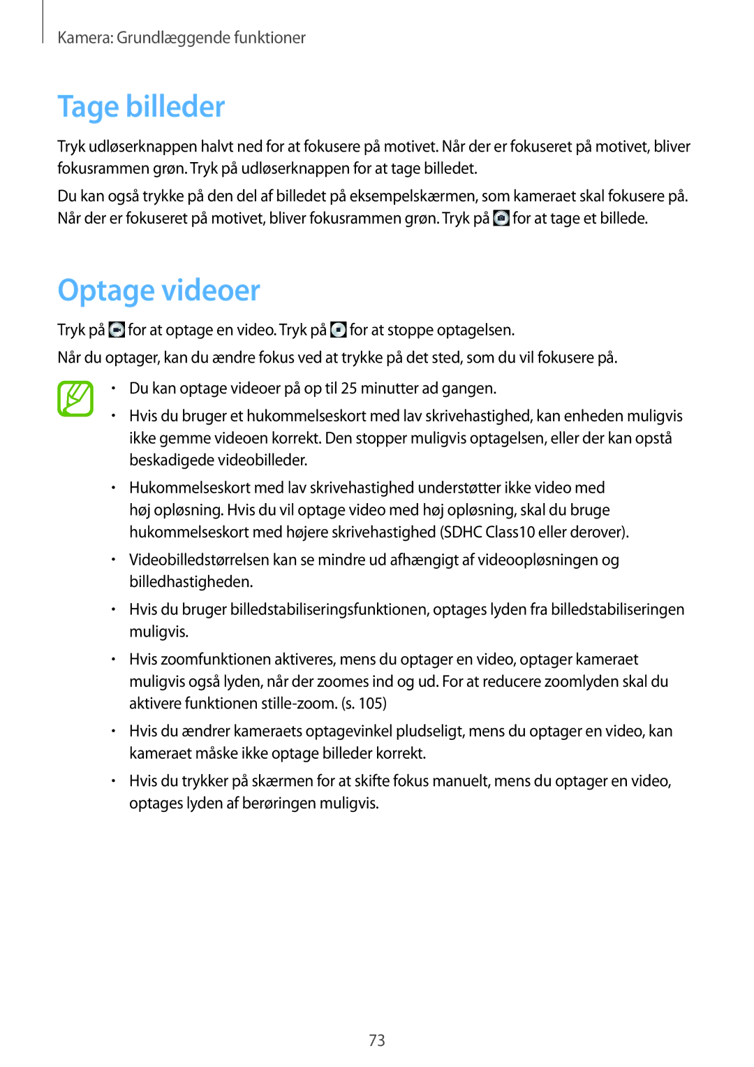 Samsung SM-C1010ZKANEE, SM-C1010ZWANEE manual Tage billeder, Optage videoer 