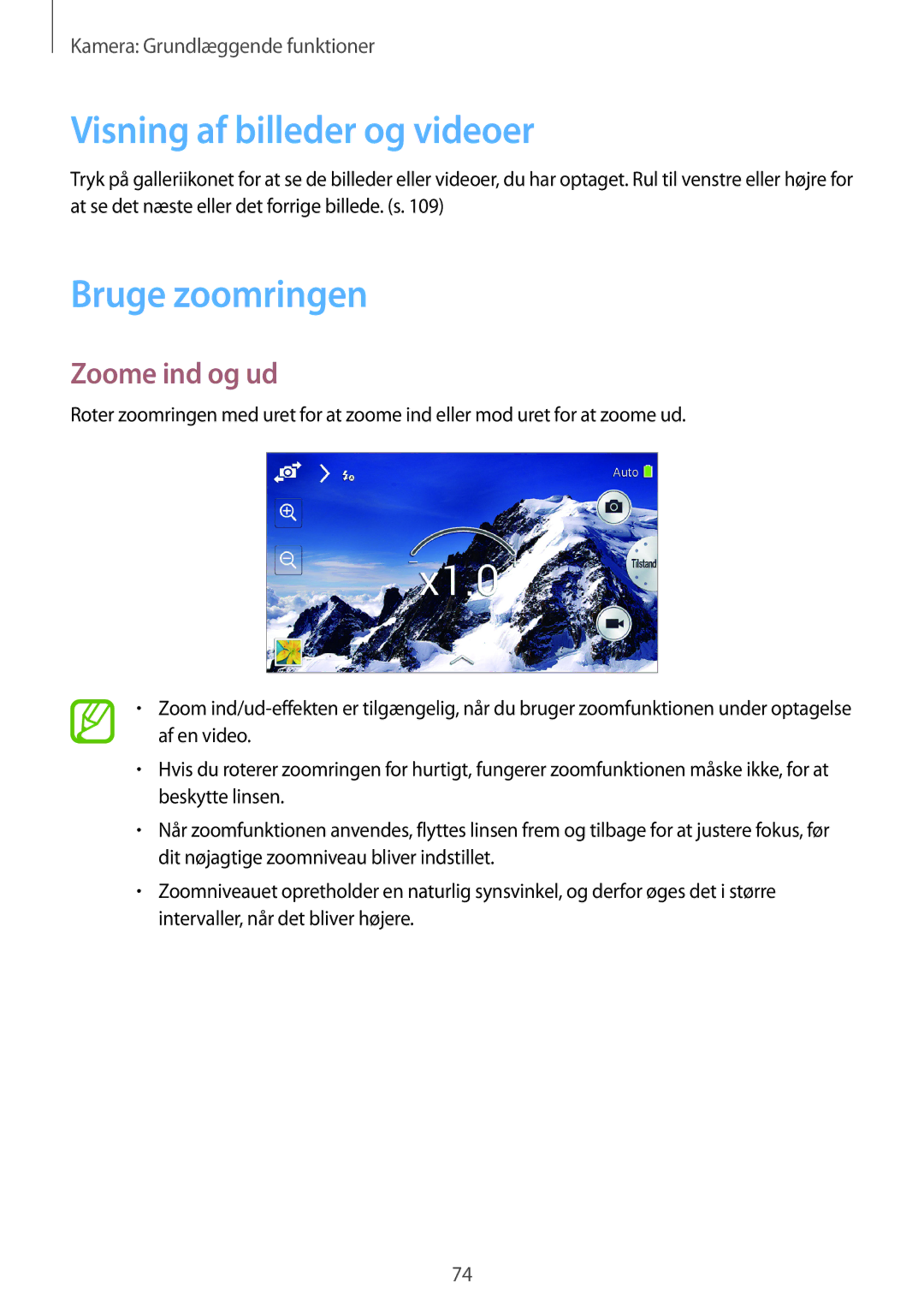 Samsung SM-C1010ZWANEE, SM-C1010ZKANEE manual Visning af billeder og videoer, Bruge zoomringen, Zoome ind og ud 