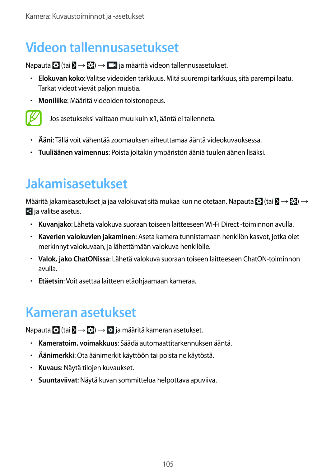 Samsung SM-C1010ZKANEE, SM-C1010ZWANEE manual Videon tallennusasetukset, Jakamisasetukset, Kameran asetukset 