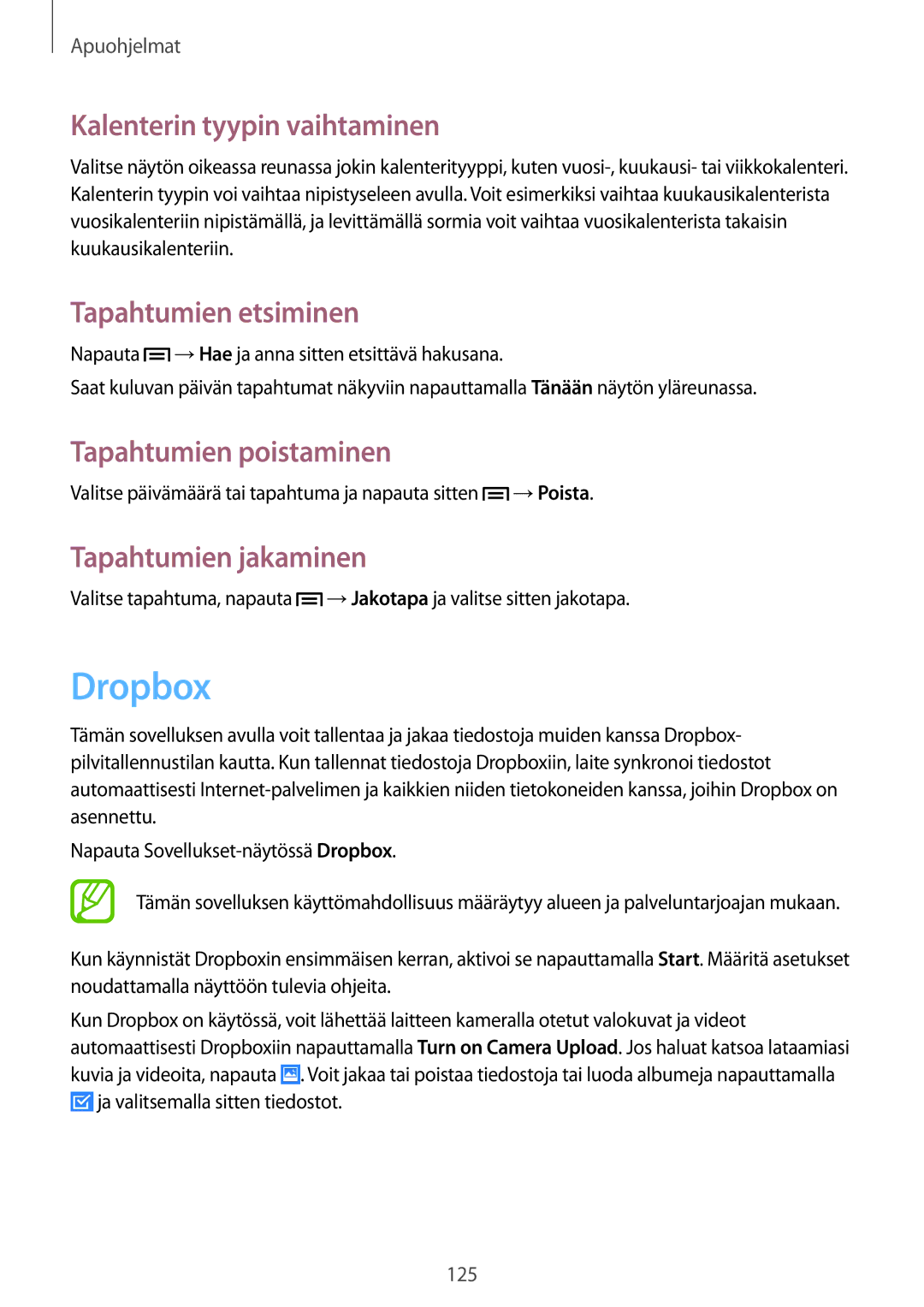 Samsung SM-C1010ZKANEE manual Dropbox, Kalenterin tyypin vaihtaminen, Tapahtumien etsiminen, Tapahtumien poistaminen 